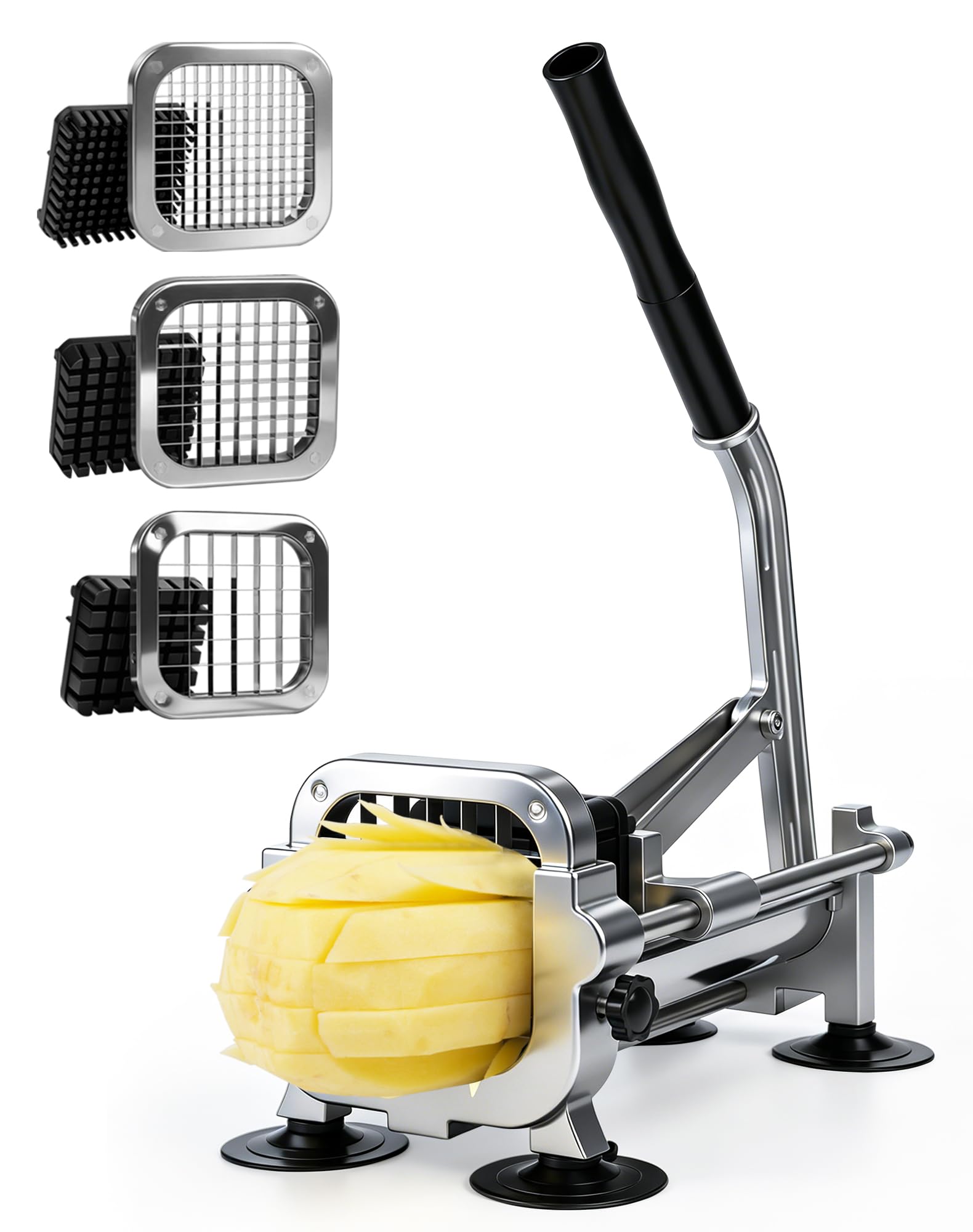 Coupe Frite Professionnel avec Lames 13 mm, 9 mm, 6.5 mm Coupe-Frites Manuel en Acier Inoxydable Coupe Patate frite pour Patates Douces, Carottes, Ignames et Concombres