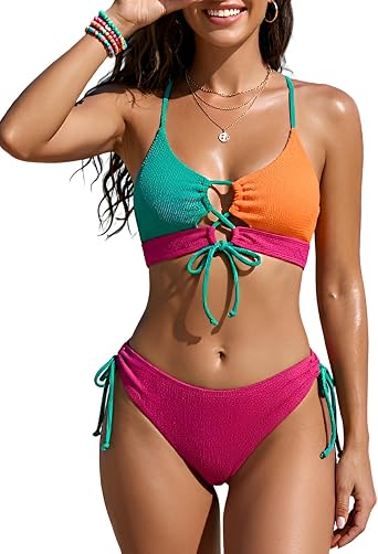 B2prity Womens Tie Bikini Set Color Block 2 Piece Swimsuit Adjustable | Contrast Color Details,Adjustable Ties and Soft Stretch Fabric Deliver a Comfortable, Flattering Fit