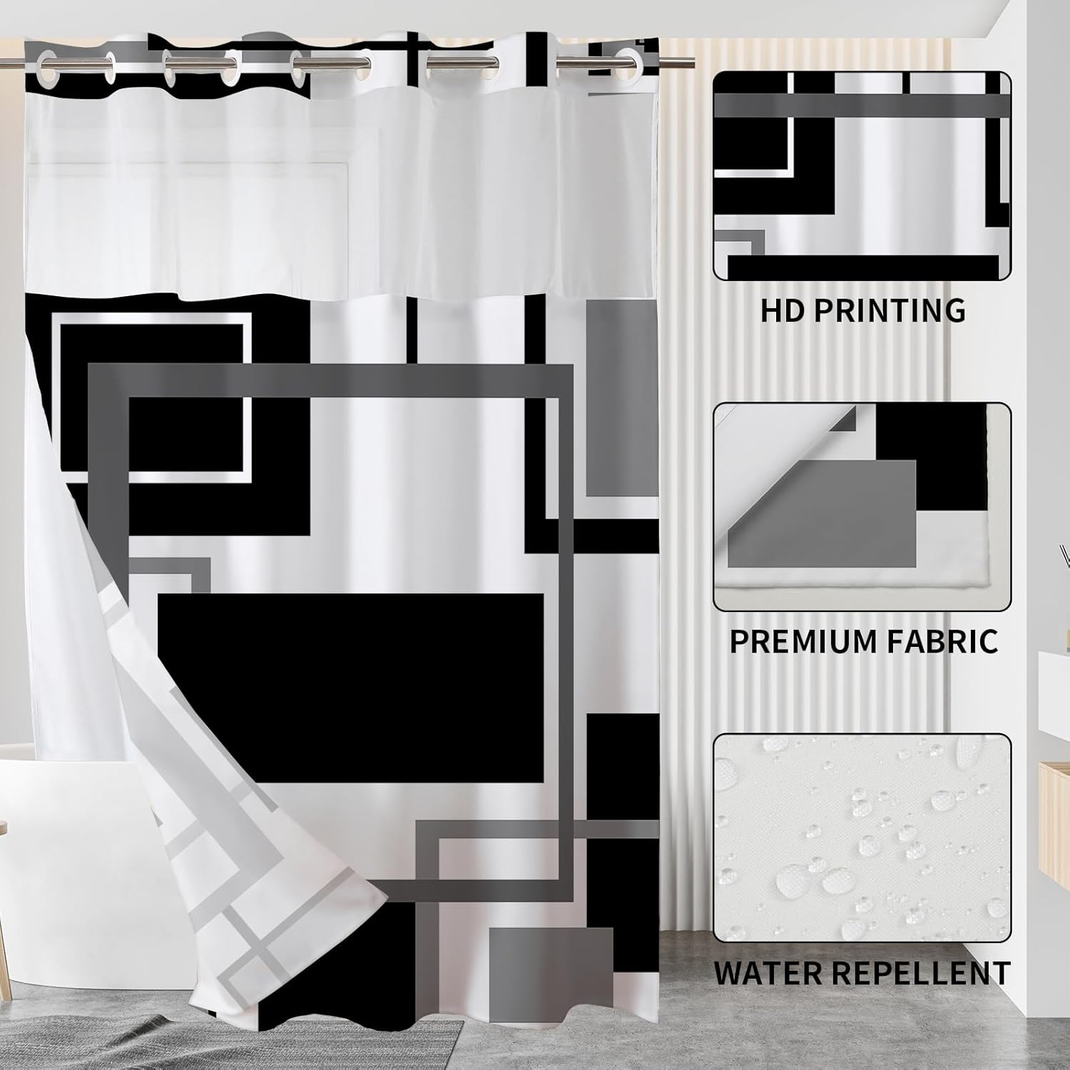 No Hook Shower Curtain Black Geometric Shower Curtains with Snap in Liner Set Waterproof Polyester Shower Curtains Checkered Vintage Hookless Shower Curtain for Bathroom Tub, 72" X 75"