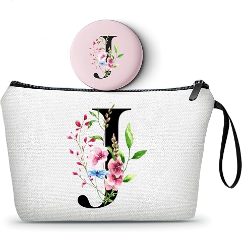 Seamoon A-Z Personalized Makeup Bag with Mirror - Custom Monogram Cosmetic Travel Pouch for Women