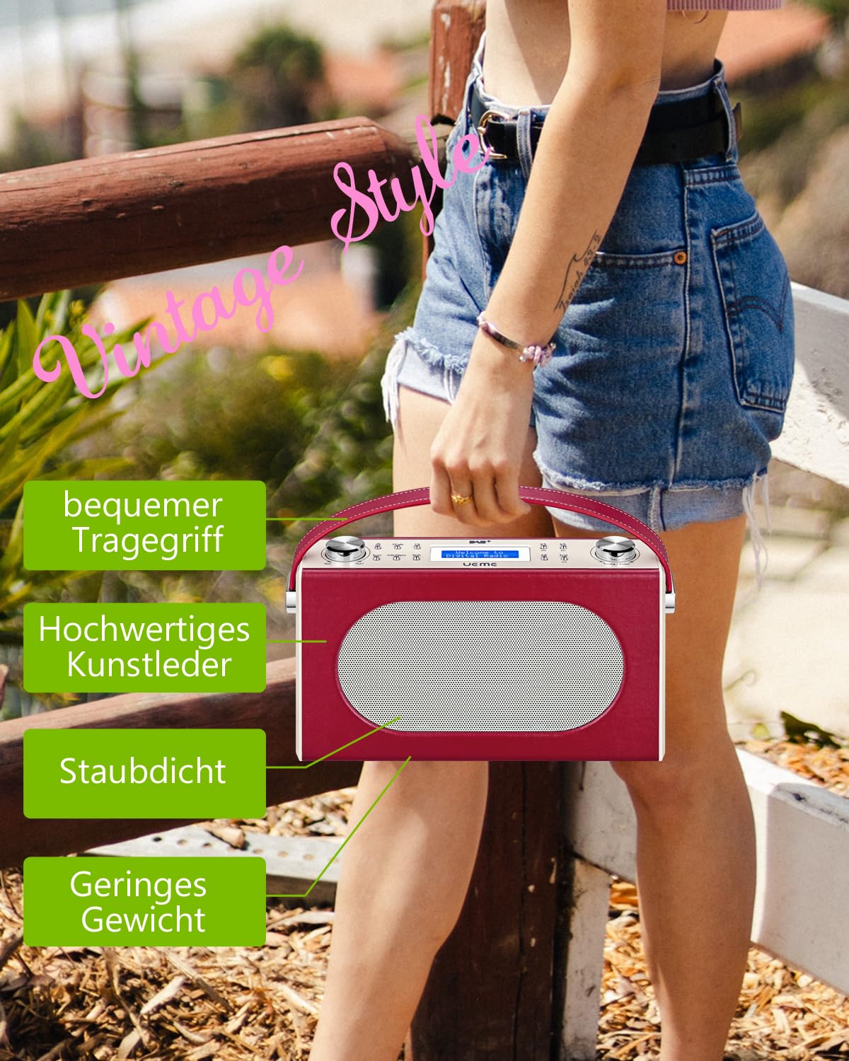 Tragbarer Retro Design DAB Plus/FM Radio, Bluetooth Lautsprecher DAB + Radio mit Wiederaufladbarer Lithium-Akku, Radiowecker, Starkem Empfang, Inklusive DC Netzkabel (Rot)