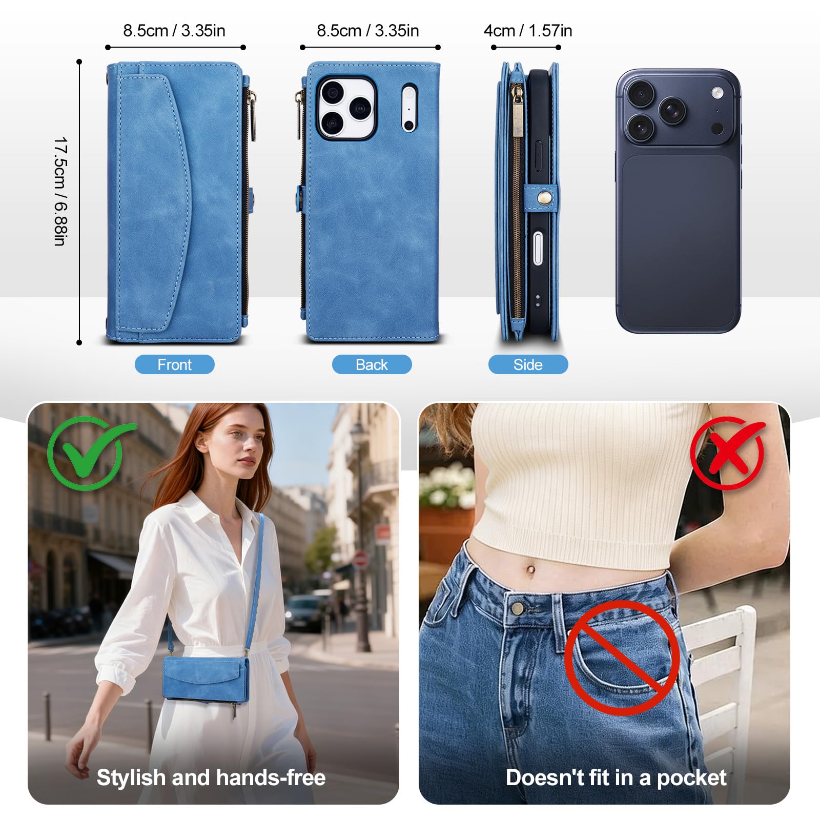 Custodia a portafoglio per iPhone 17 Pro Max compatibile con MagSafe, blu | magnetica staccabile, porta carte, tasca con cerniera, custodia in pelle PU con tracolla per iPhone 17 Pro Max