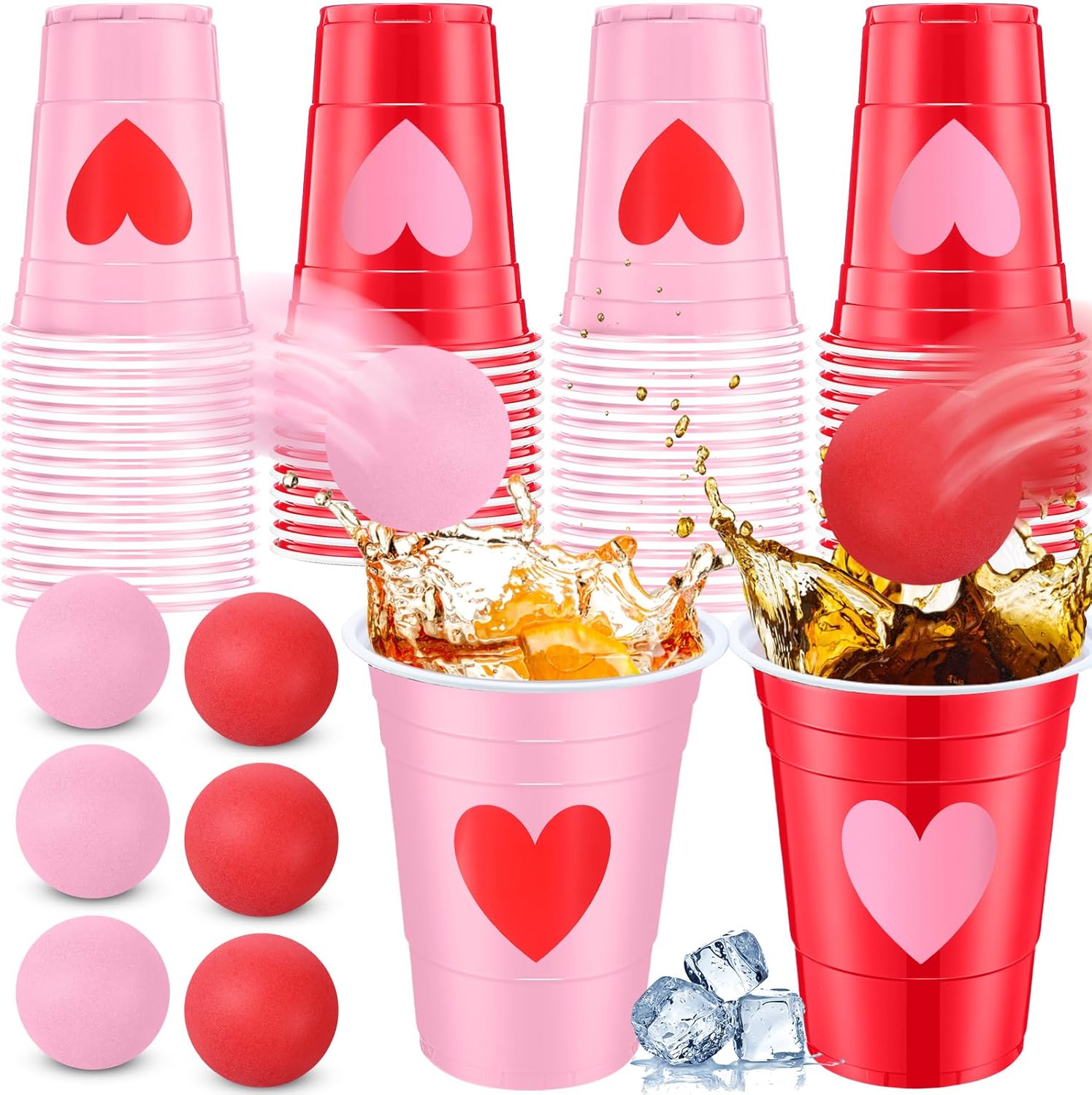 Seenelling 32 Pack Valentine's Day Party Game Set Party Supplies Includes 24 Pcs 16oz Red Pink Beer Cups with Heart Designs and 8 Pcs 1.5in Ball for Galentines Favor Outdoor Birthday Toss Game Adult