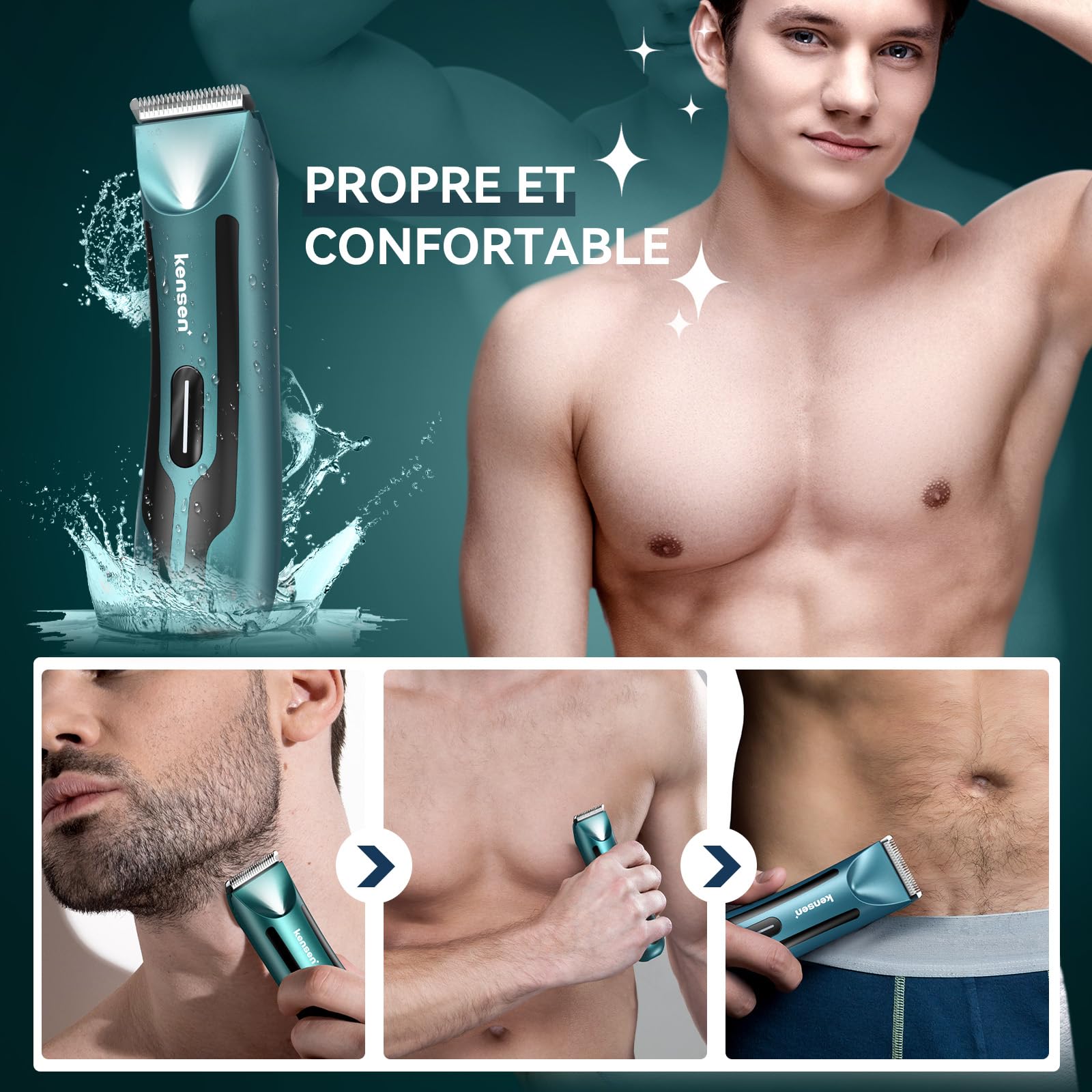 KENSEN Tondeuse Corps Homme Partie Intime Étanche IPX7 120 Min Autonomie Rechargeable avec Lumière LED et USB Charge pour Aisselles Maillot Poils Intimes Vert…