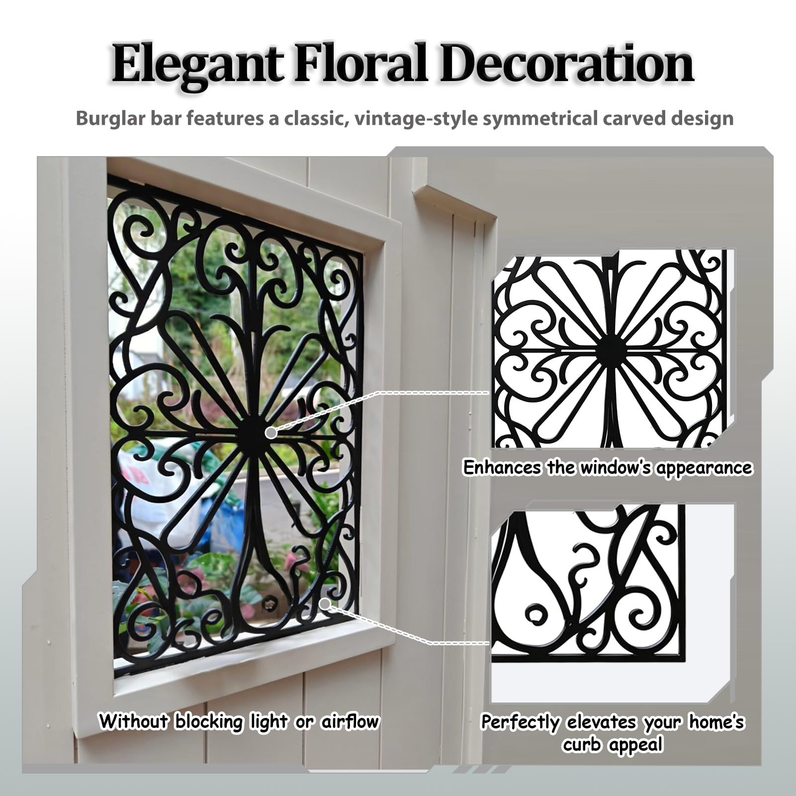 Reja Ventana Reja de Seguridad Grande de Hierro con Diseño Floral para Ventanas, Reja de Seguridad Vintage Resistente Ventanas, Barras Seguridad Integradas Antirrobo(W40xH40cm/16x16in)