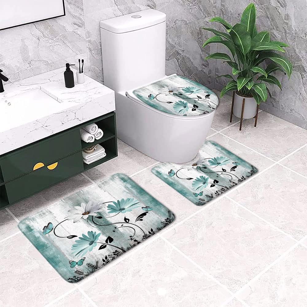 Rustic Farmhouse Farm Teal Daisy Floral Flowers Bath Rugs for Bathroom, Wooden Butterfly Turquoise Blue, Non Slip Flannel Bathroom Rug, Dry Fast Water Absorbent Bath Mats