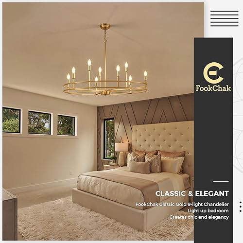 Miniatura 6 de Candelabro dorado de 9 luces para comedor sobre mesa, dormitorio principal, iluminación redonda para sala de estar, vestíbulo, baño, metal sólido,