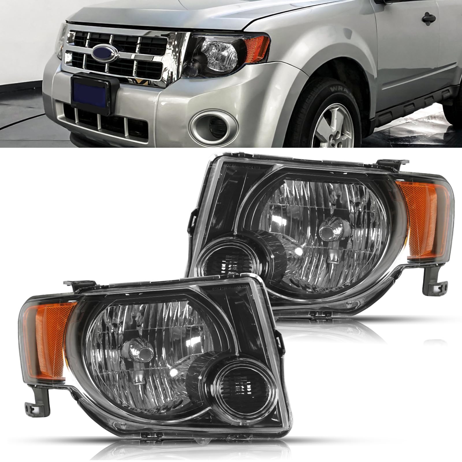 PARTREE Halogen Headlights Compatible with Ford ESCAPE 2008-2012 Direct Replacement Black Headlamps Assembly (Driver and Passenger Side)