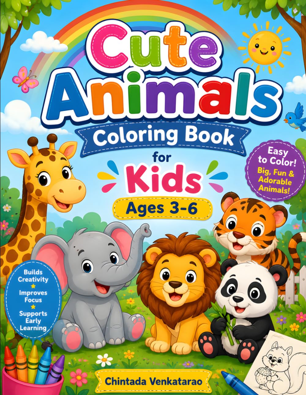 Cute Animals Coloring Book for Kids Ages 3-6: 20 Fun and Easy Coloring Pages Featuring Farm, Zoo, Jungle, and Ocean Animals for Toddlers and Preschoolers