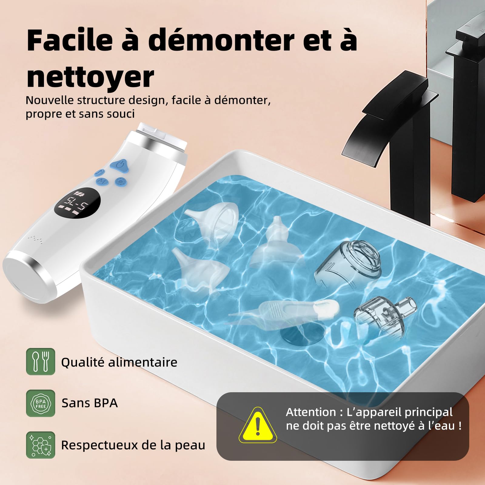 Mouche Bebe Electrique, Mouche nez Bébé confort 5 niveaux d'aspiration mouche-bébé 3 tailles Embout musique et lumière apaisantes affichage LED portable