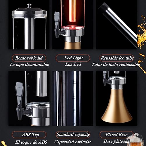 Miniatura 3 de Boyuan Dispensador de torre de cerveza de 2.5 L, dispensador de bebidas con tubo de hielo reutilizable de acero inoxidable extraíble y luces LED,