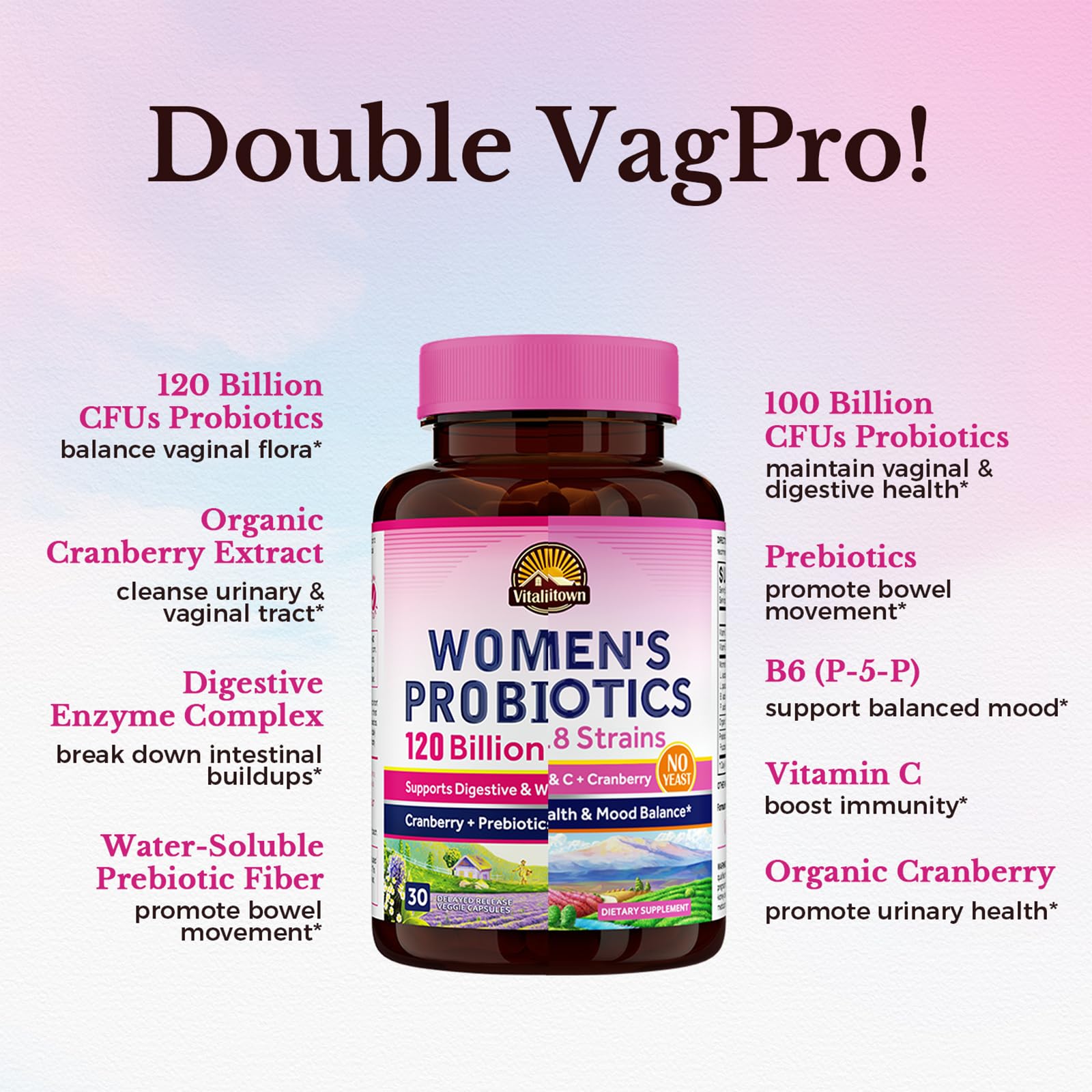 Vitalitown Probiotic Bundle (Pack of 2) | Women’s Probiotics 120 Billion (Item 1) & Women’s Probiotics 100 Billion (Item 2) | 30 Capsules & 60 Capsules