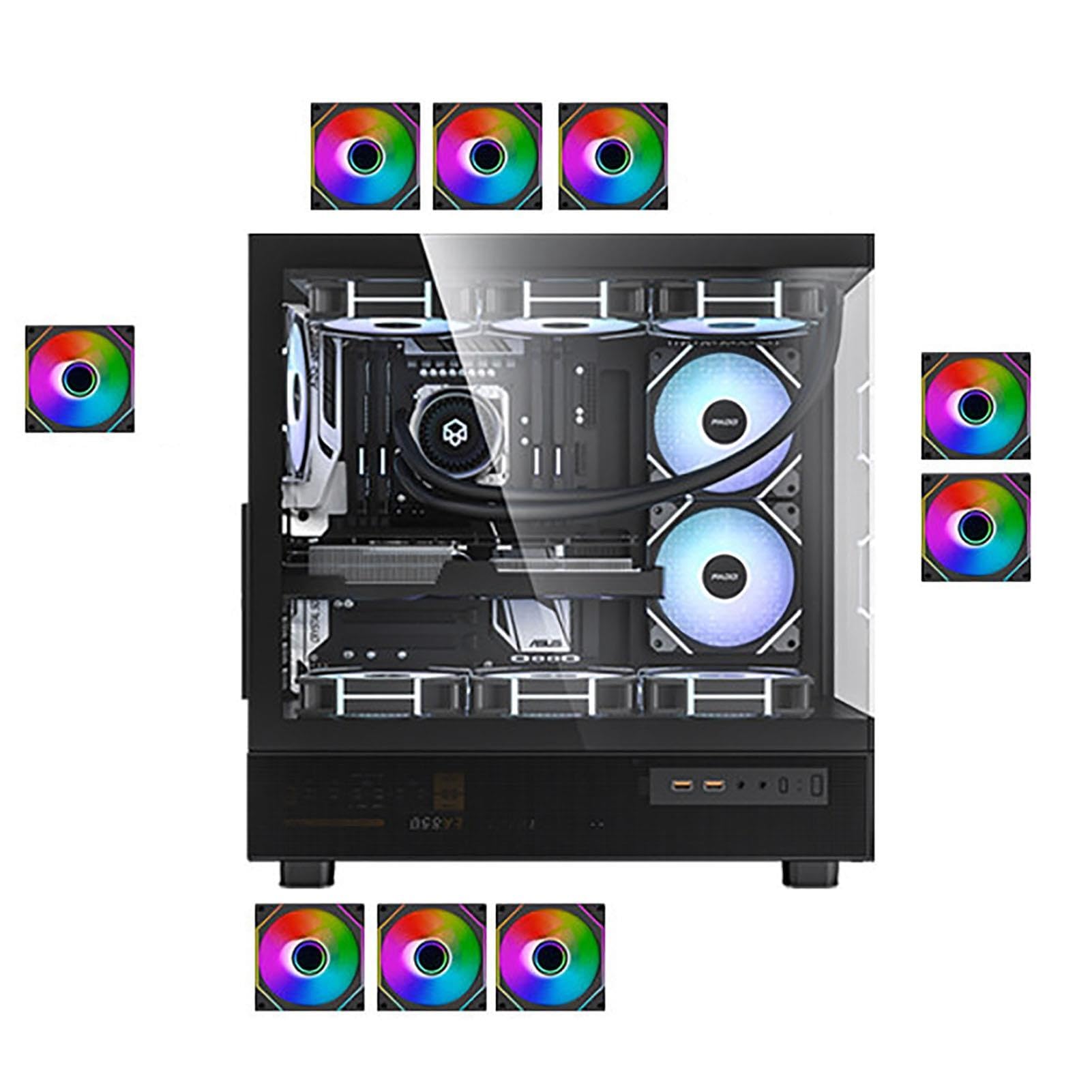 upim Computergehäuse, E-ATX-Gehäuse, Mid-Tower-Desktop-Computer, Gaming PC Gehäuse, USB 3.0-Anschlüsse, Doppelseitiges Gehärtetes Glas, Unterstützt Wasserkühlung(Black,9fans)