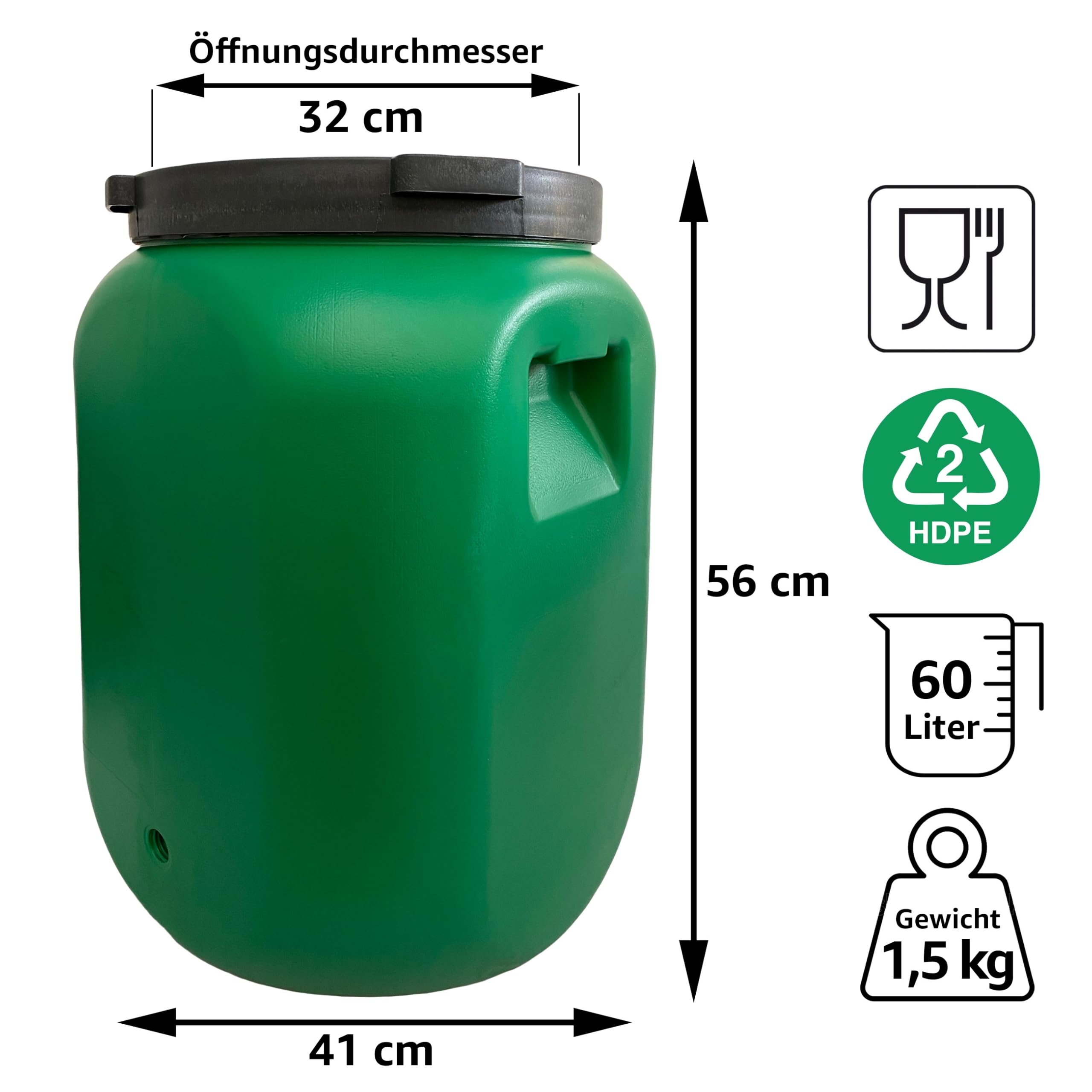 plasteo Barril de boca ancha con tapa, apto para alimentos – barril universal HDPE estable con cierre de rosca, para pienso, almacenamiento y transporte, verde (2x 60 L Cuadrado)