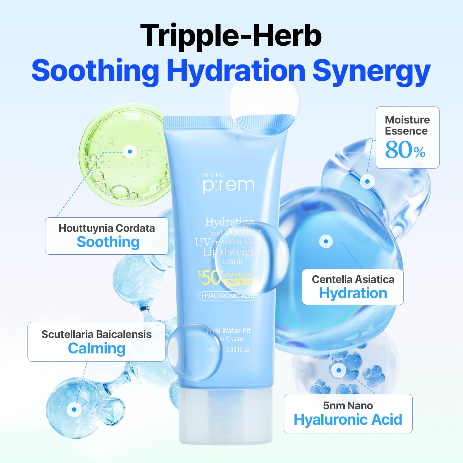 MAKE P:REM Hyal Water-Fit Sunscreen, Law-Irritation Hydrating Face & Body Sunscreen, SPF 50+ PA++++, Korean Sunscreen, 3.38 fl.oz., 100ml