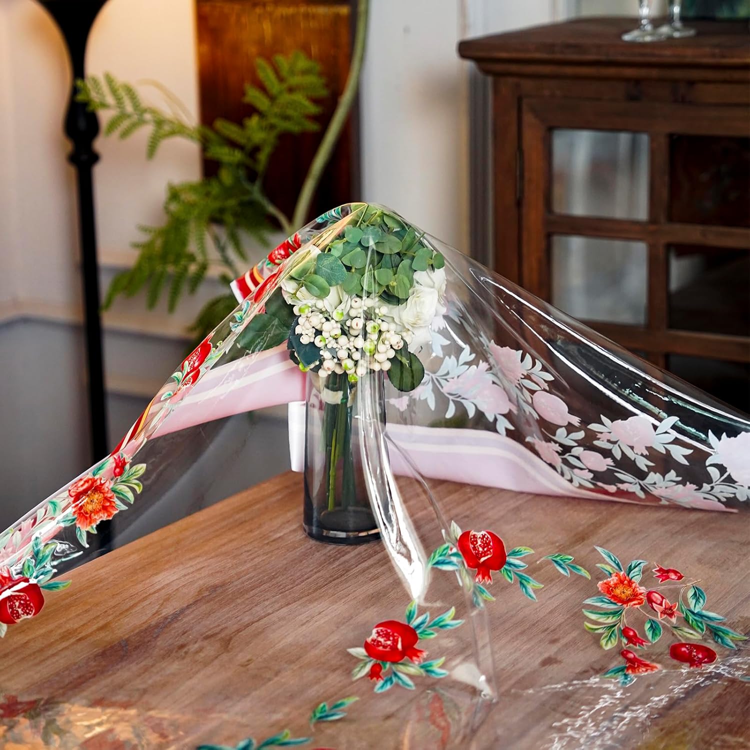 ARTABLE Clear Table Cloth Protector Vinyl PVC Rectangle with Floral Print Pattern Oil Proof Wipe-able Plastic Tablecloths for Dining Tables Parties Holidays (Pomegranate, 70" x 52" (Rectangular))