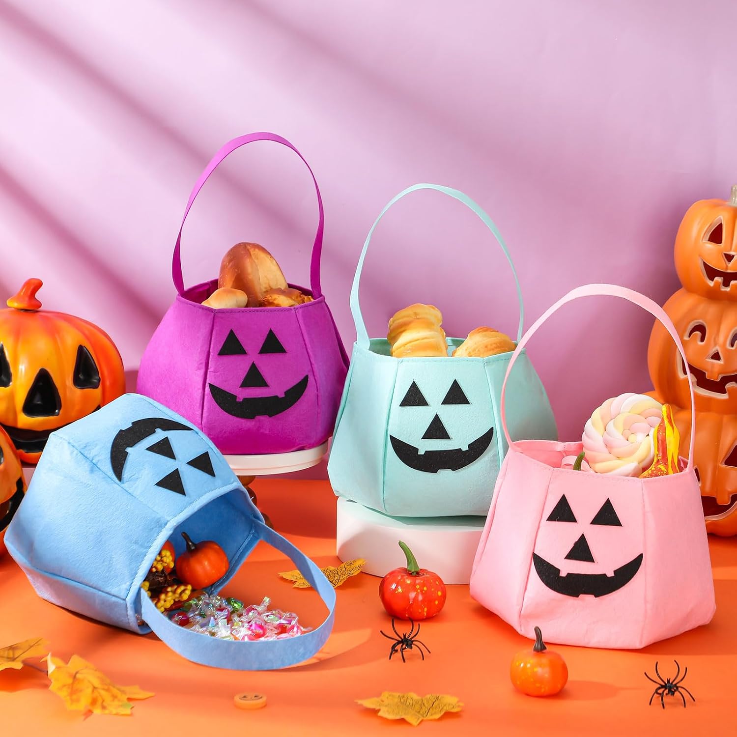 Halloween Pumpkin Candy Bag Felt Treat Basket, Pastel Pink