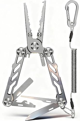 HOOK-EZE Alicates de pesca plegables, multiherramienta 5 en 1 resistente al agua salada con cortadores de línea de tungsteno, removedor de ganchos,