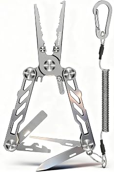HOOK-EZE Folding Fishing Pliers, 5-in-1 Saltwater Resistant Multitool with Tungsten Line Cutters, Hook Remover, Knife, Screwdriver, Bottle Opener, Sheath & Lanyard for Outdoor, Camping & Fishing