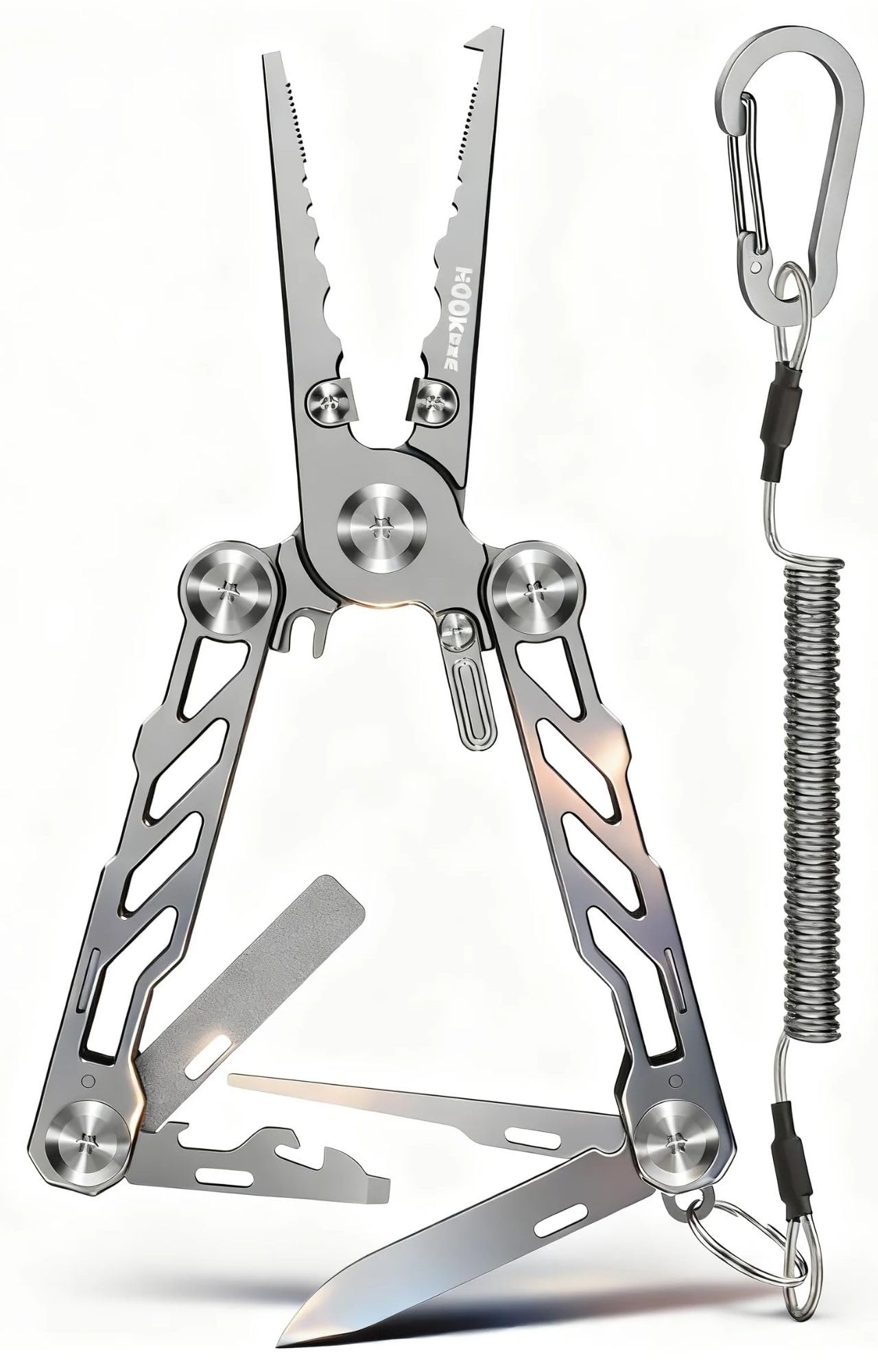 HOOK-EZE Folding Fishing Pliers, 5-in-1 Saltwater Resistant Multitool with Tungsten Line Cutters, Hook Remover, Knife, Screwdriver, Bottle Opener, Sheath & Lanyard for Outdoor, Camping & Fishing