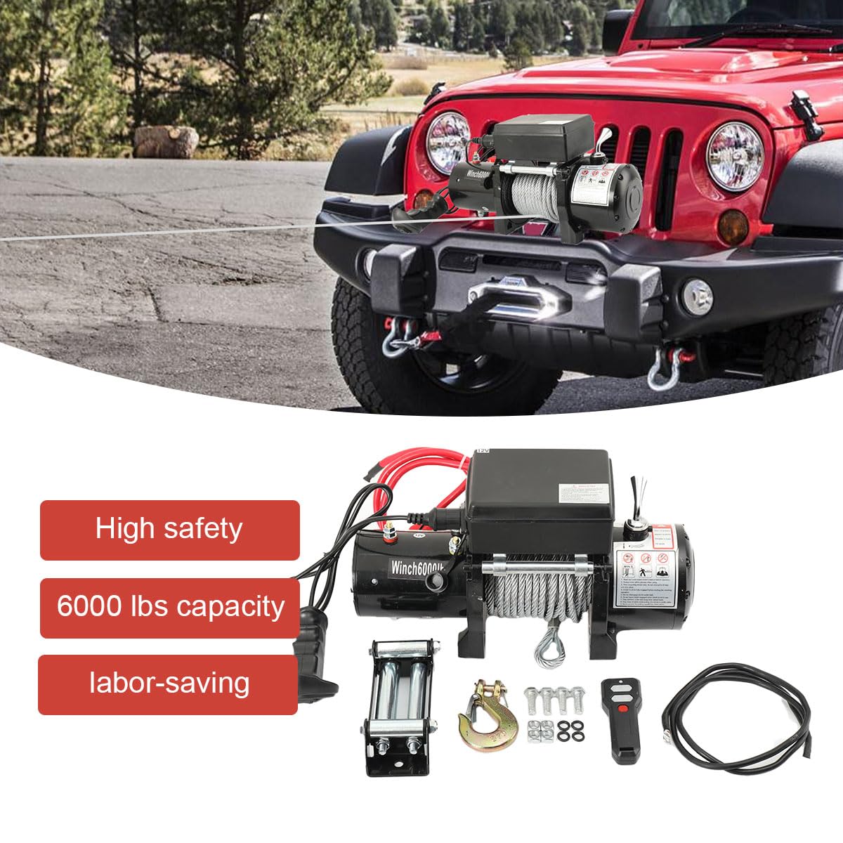 Cabrestante eléctrico sintético, 12 V, 1,6 kW, 2722 kg/6000 libras, cabrestante de motor, para SUV, camión, barco, camioneta, con interruptor remoto, mango grande