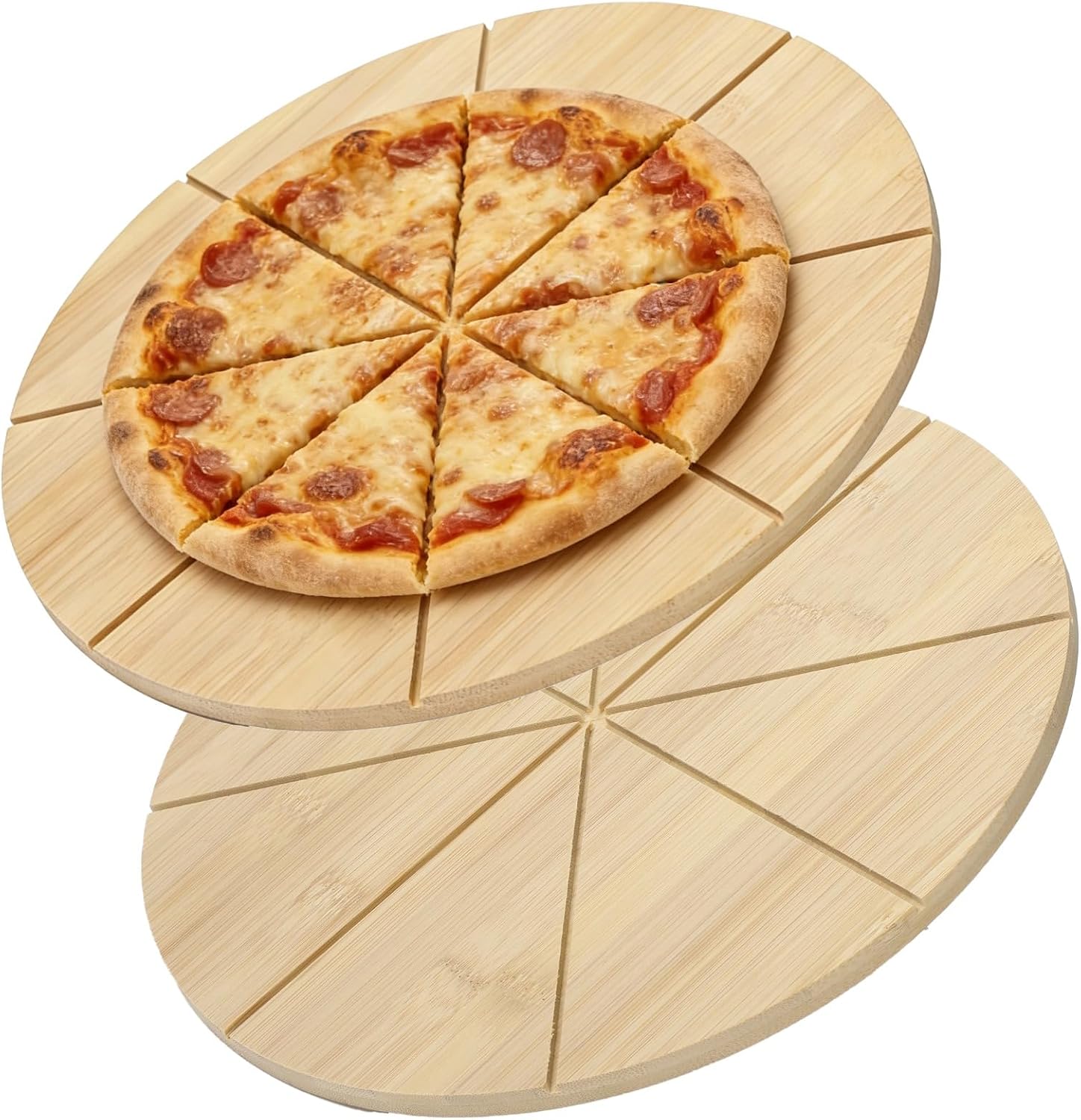 2 Pcs 12 Inch Round Pizza Cutting Board, Double Sided Wooden Pizza Tray with 8 Slice Grooves, Flat Back Serving Platter for Cheese Bread Meat, Circular Food Prep Board