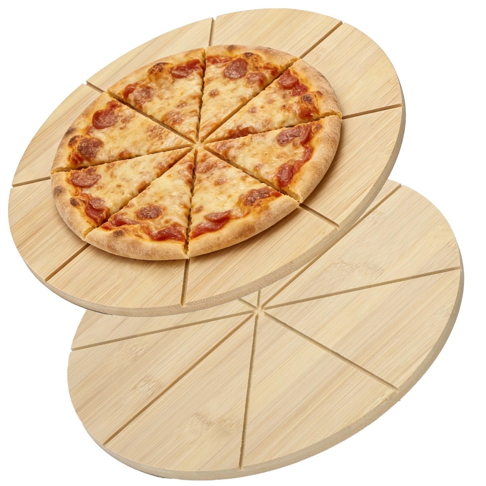 Lot de 2 planches à pizza rondes 12 pouces en bois double face, 8 rainures de coupe, 8 compartiments, dos plat, pour fromage, pain et viande.