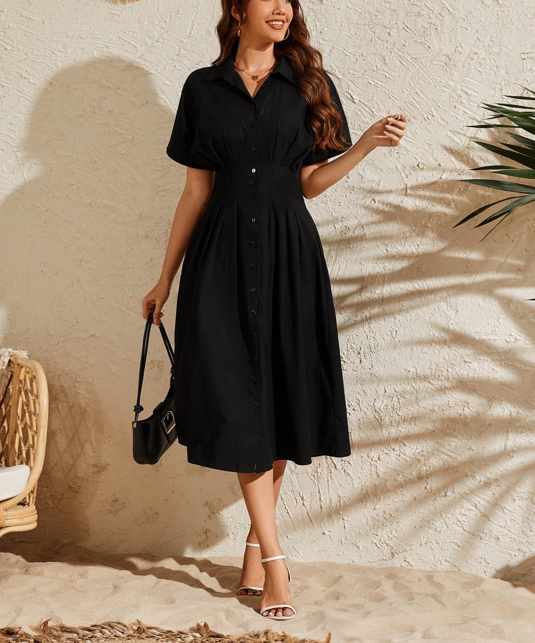 LADYFUL Womens Button Down Shirt Dress Short Sleeve Midi Dress Casual Summer Elegant Formal Long Maxi Shirtdress - Image 2