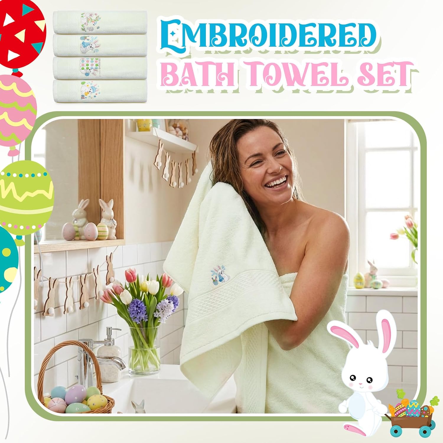 Peryiter Set of 4 Easter Bunny Bath Towel, 27x54 Inch Cotton Easter Towels, Absorbent Soft Bathroom Towel with Bunny Embroidery, Decorative Spring Bathroom Towels for Home Guest Bath