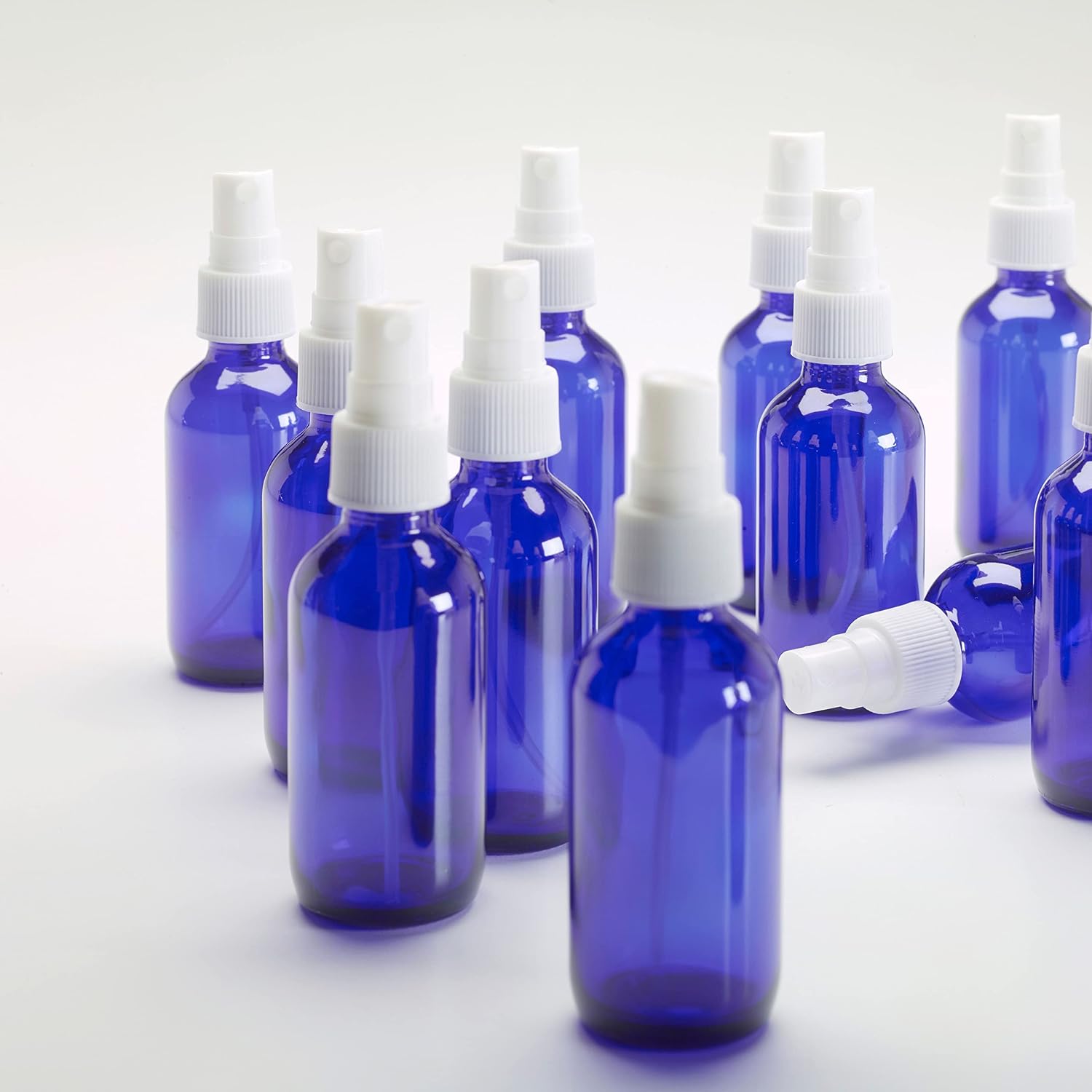 1790 2oz Glass Spray Bottles for Essential Oils, Small Empty Spray Bottle, Fine Mist Spray - Set of 80 Blue Bottles with White Mister Tops