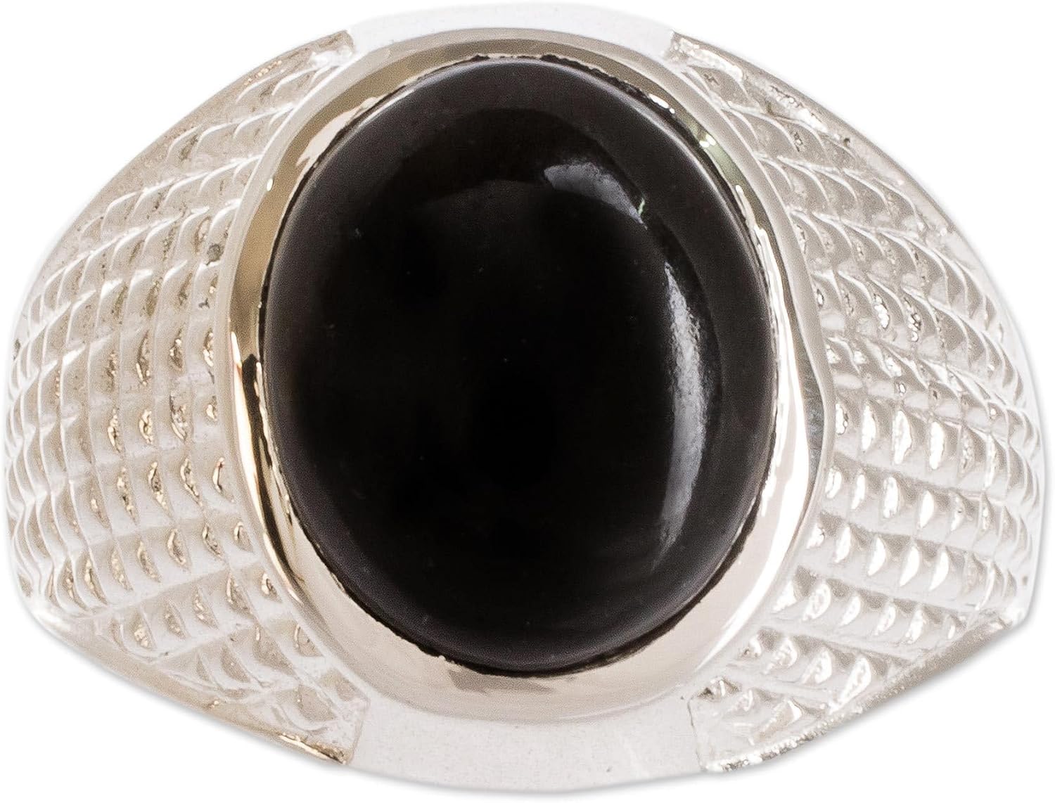NOVICA Artisan Handmade Men's Jade Ring Textured Black Band from Guatemala .925 Sterling Silver Single Stone Modern 'Pius in Black'