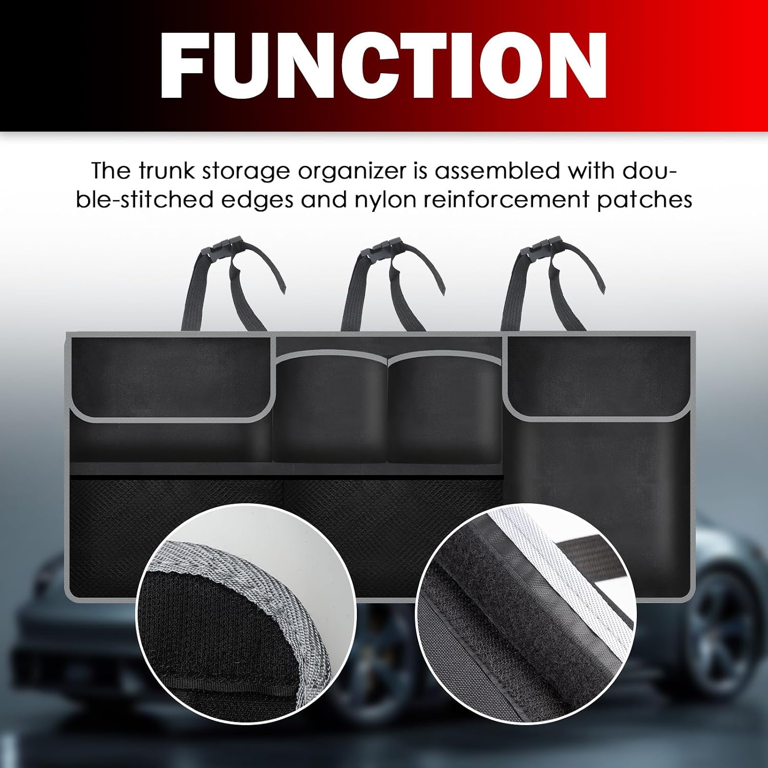 Hanging Trunk Organizer,Large Capacity SUV Trunk Organizer for Storing Umbrellas/Phones/Handbags,Universal Space Saving Car Trunks Storage Organizers with Adjustable Straps