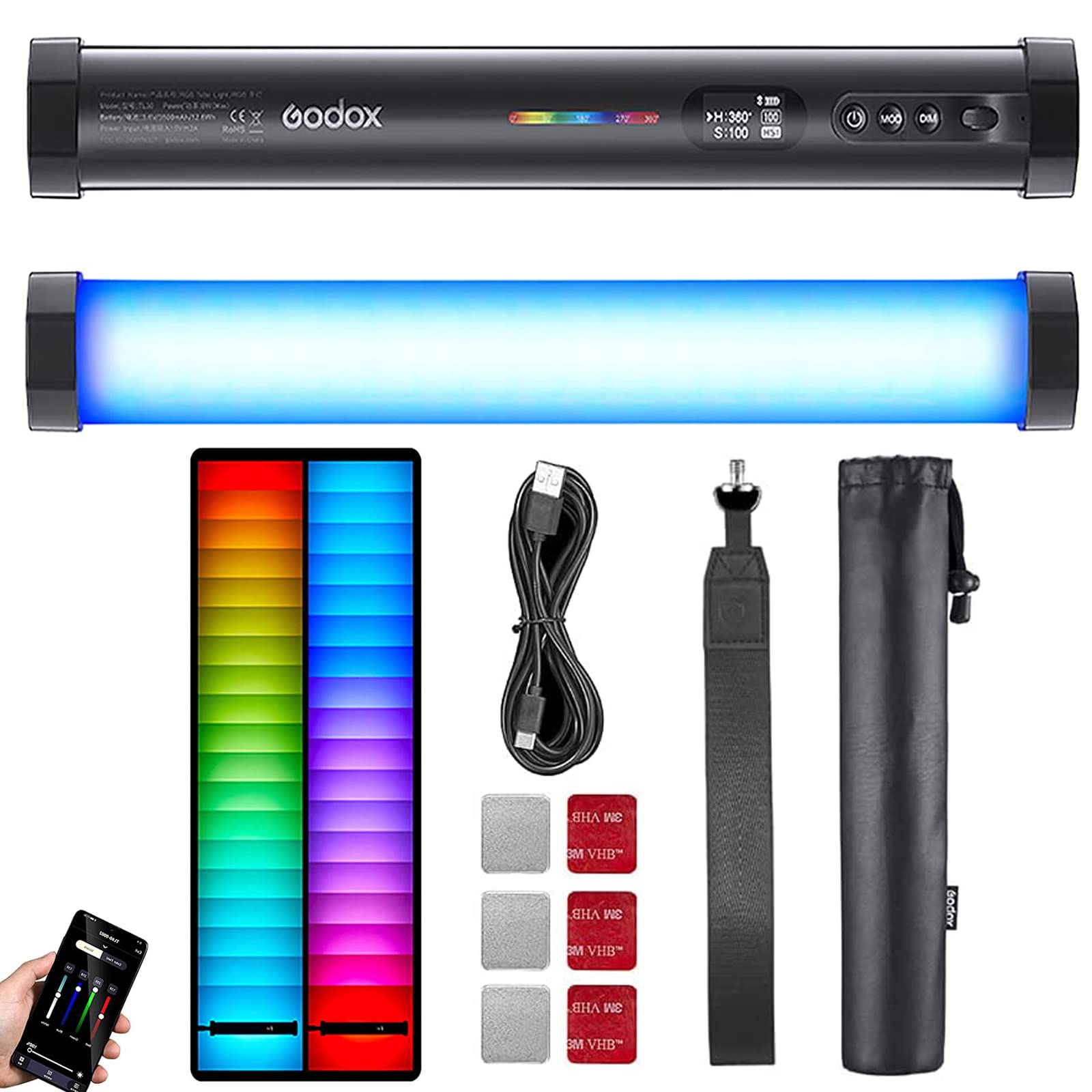Photo 1 of Godox TL30 RGB Tube Light, Full-Color LED Light Wand CRI97 TLCL99, 2700K-6500K Adjustable, APP Control, Magnet Design