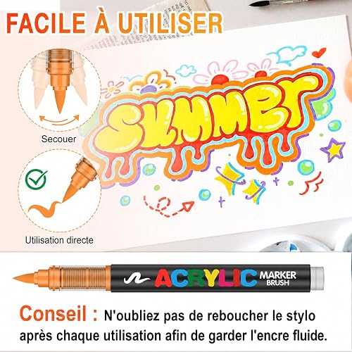Laconile 120 Couleurs Feutre Acrylique, Stylos Acryliques à Pointe Pinceau pour le Coloriage Adulte ，Acrylic Paint Markers pour Coloriage, Calligraphie, Bois, Toile, Verre, Céramique - 6
