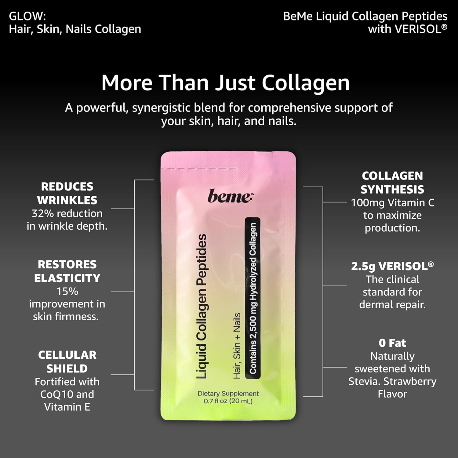 BeMe Liquid Collagen for Women - 2500mg Verisol Collagen Liquid with Biotin, CoQ10 & Vitamin C - Clinically Proven Collagen Peptides for Hair, Skin & Nails 0.7fl oz (20ml) x 15 Sachets (Strawberry) - Image 4
