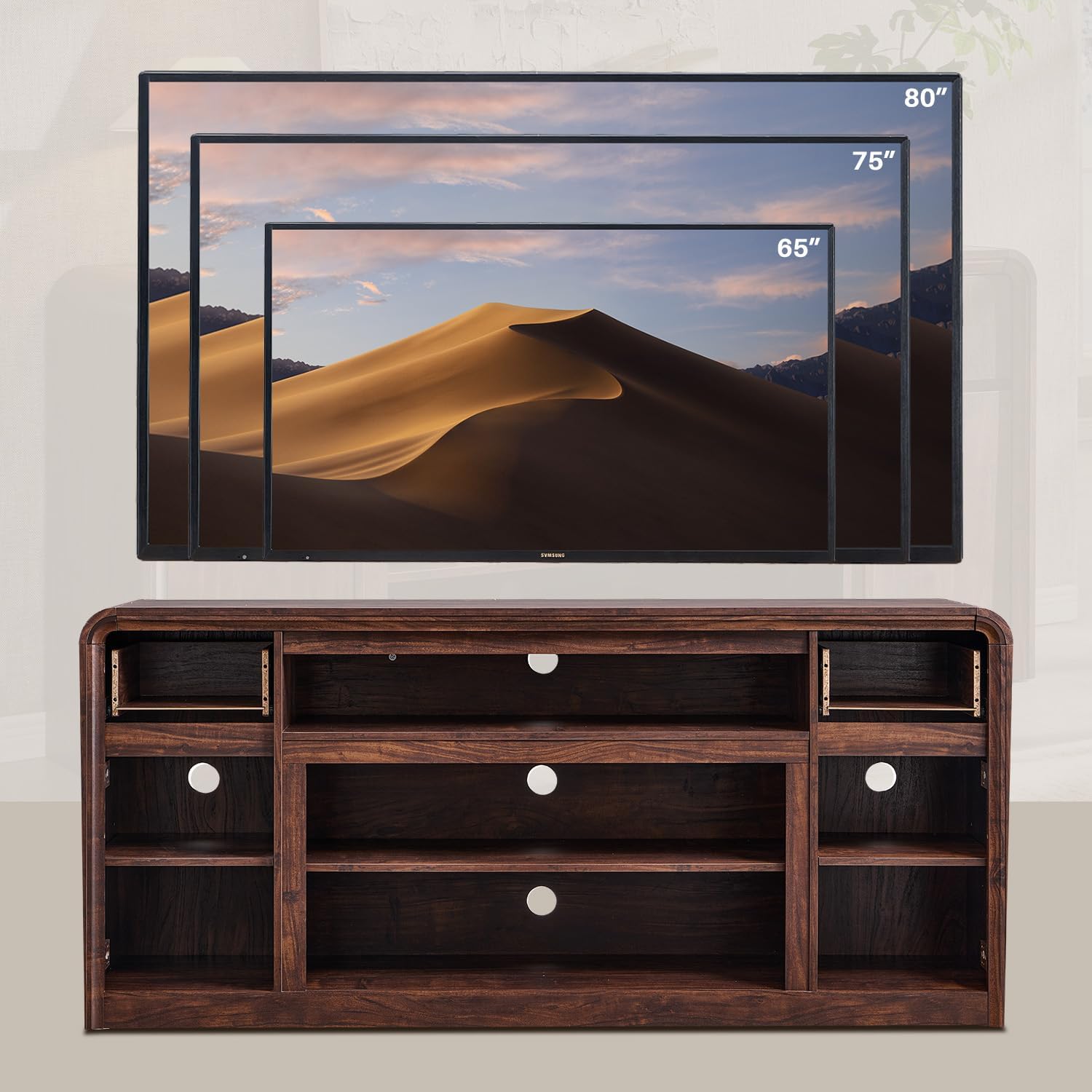 Modern TV Stand for 80 Inch TVs, 32"Tall Entertainment Center w/Storage Cabinet& drawers, Media Console Cabinet w/Soundbar & Adjustable Shelves for Living Room, Curved Profile Design, 70 inch (Brown) - Image 3