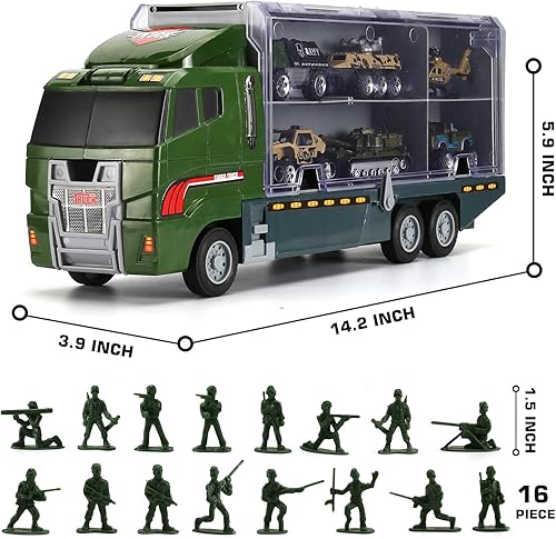 Miniatura 2 de Juego de camión militar de 26 piezas con soldado (2 en 1), mini auto de batalla fundido a presión en camión portador, vehículo de transporte de