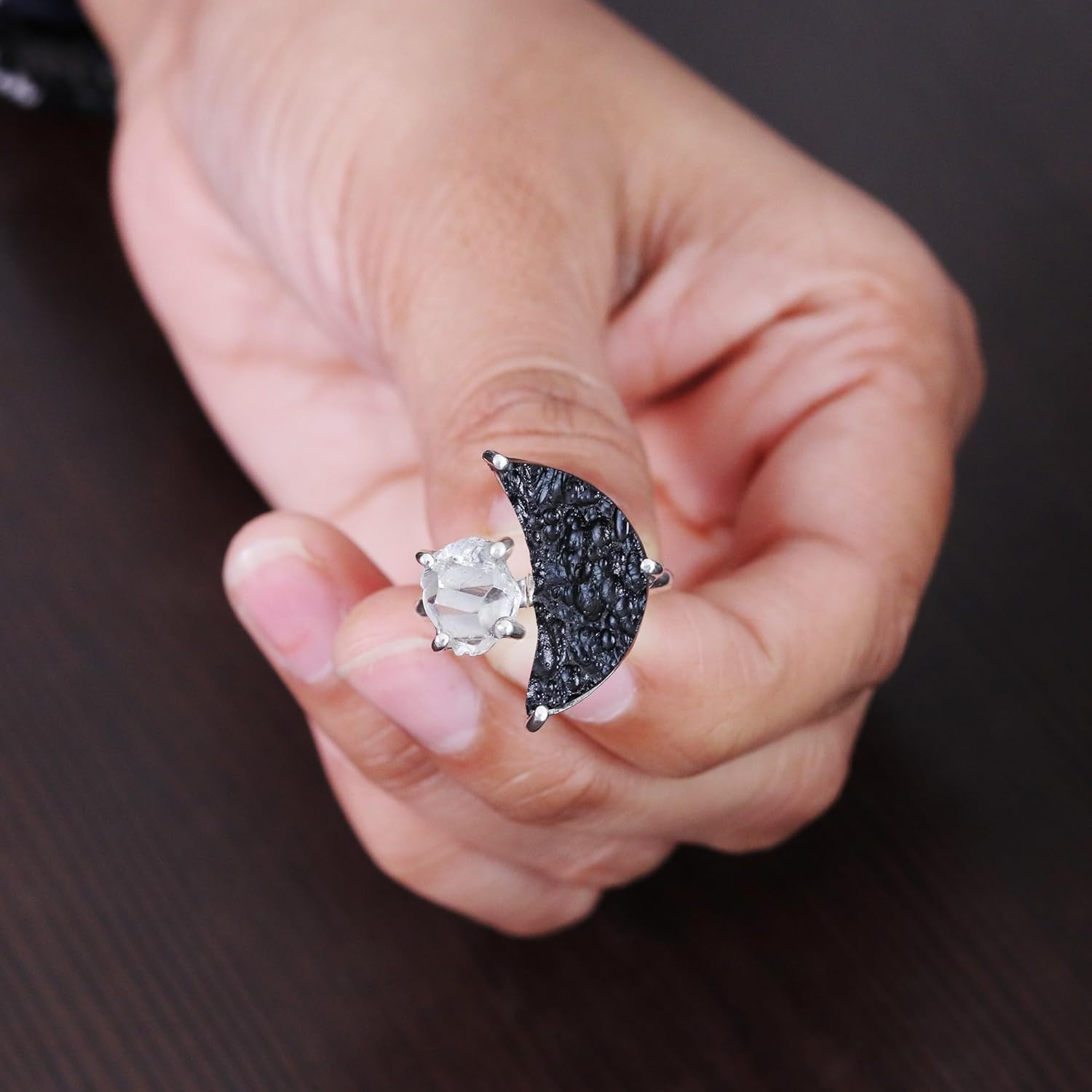 18K Gold Plated Silver & 925 Silver Herkimer & Tektite Ring – Handmade Raw Gemstone Jewelry