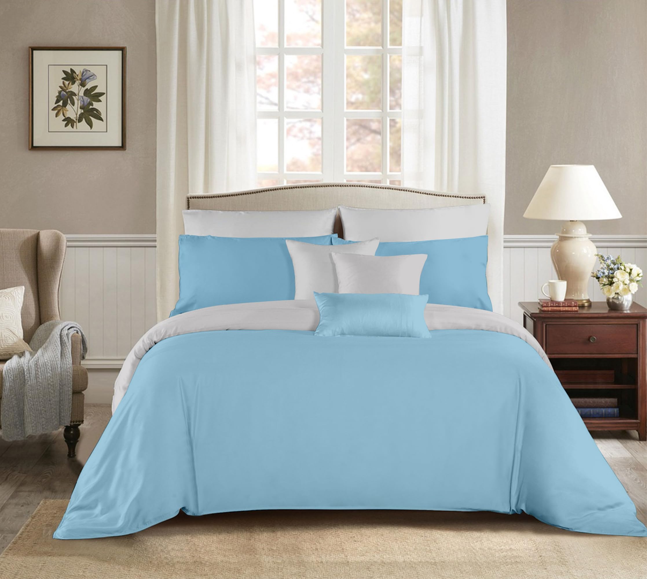Etrexonline Juego de Funda Nórdica 4 Piezas Cama 150 Microfibra Suave Transpirable - 1 Funda Edredón 220x240 cm, 1 Bajera 150x200+30 cm y 2 Fundas de Almohada 50x75 cm (Pluma Azul) — view 24