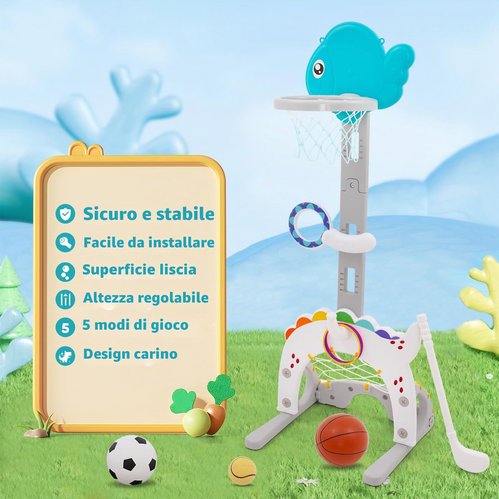 Canestro da Basket per Bambini,Altezza Regolabile 95-115 cm, Canestro da Basket 5 in 1,Interno ed Esterno, Portatile con Base Zavorrabile,per Bambini dai 3 agli 8 Anni