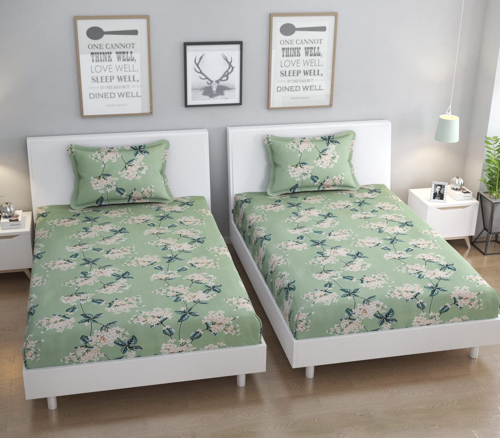 280 TC Soft Microfiber 3D Printed Bedsheet for Single Bed 2 Single Bedsheet with 2 Pillows Covers (90x60) Inches (Light Green)-image-21