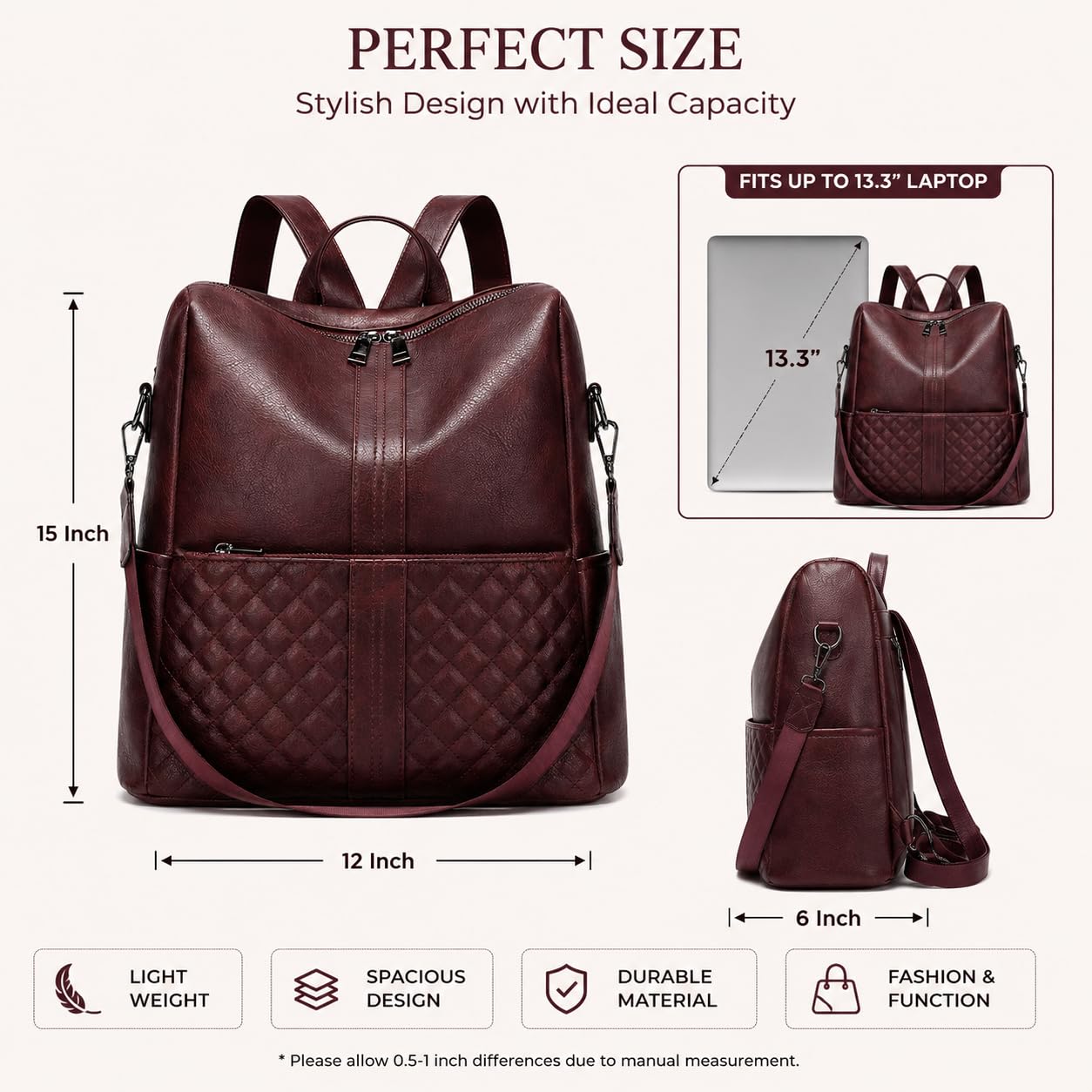 Craftwood Women's Quilted Leather Backpack, Burgundy Wine Color, Convertible Shoulder Bag, Dual Zipper Design, Vegan PU Material (Maroon) 1
