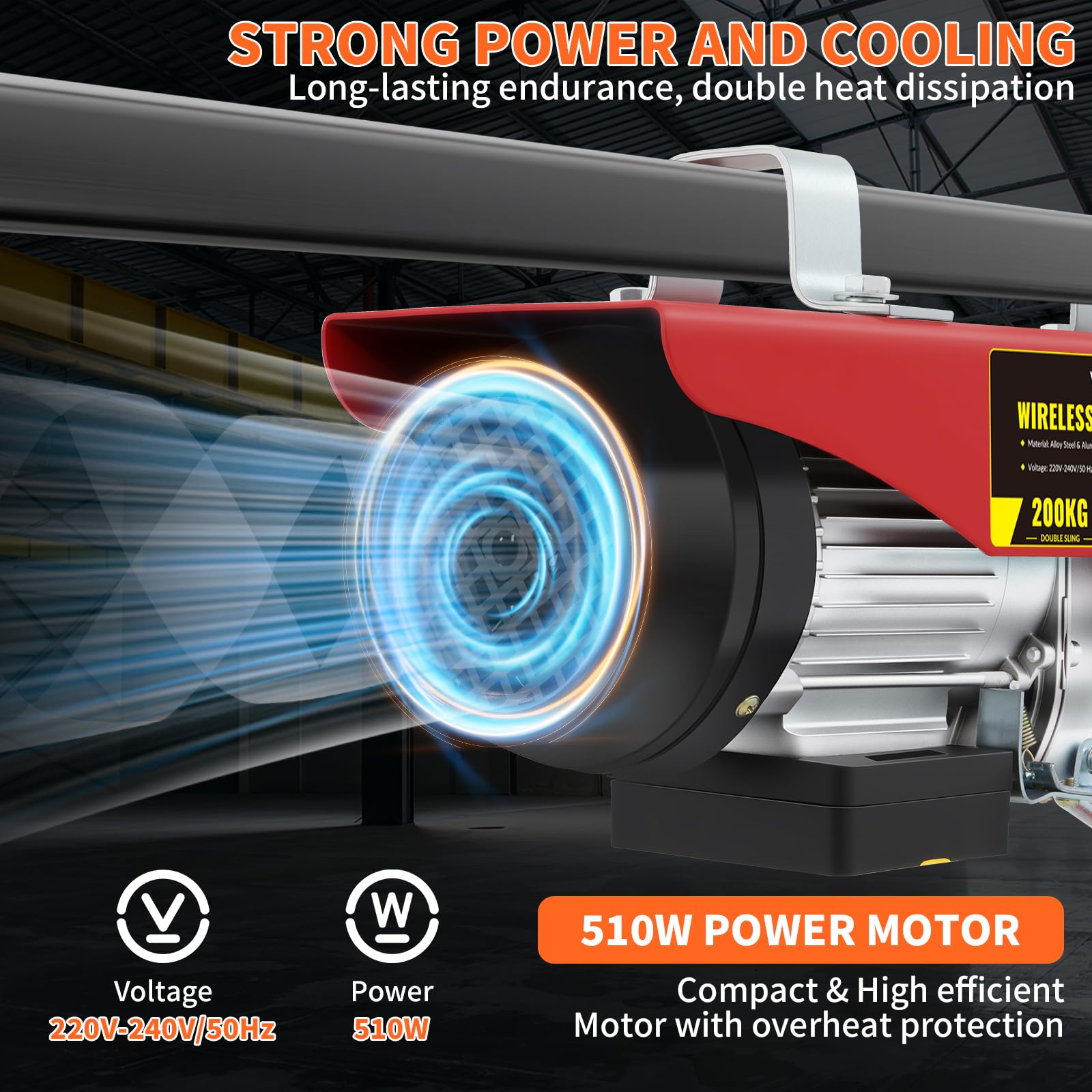 Paranco Elettrico 510W, Portata Max 200kg, Altezza 12M, Velocità 10m/min, Argano Elettrico con Telecomando Cablato, Interruttore Arresto Automatico, Sollevatore Garage Officina Magazzino Lavori Edili
