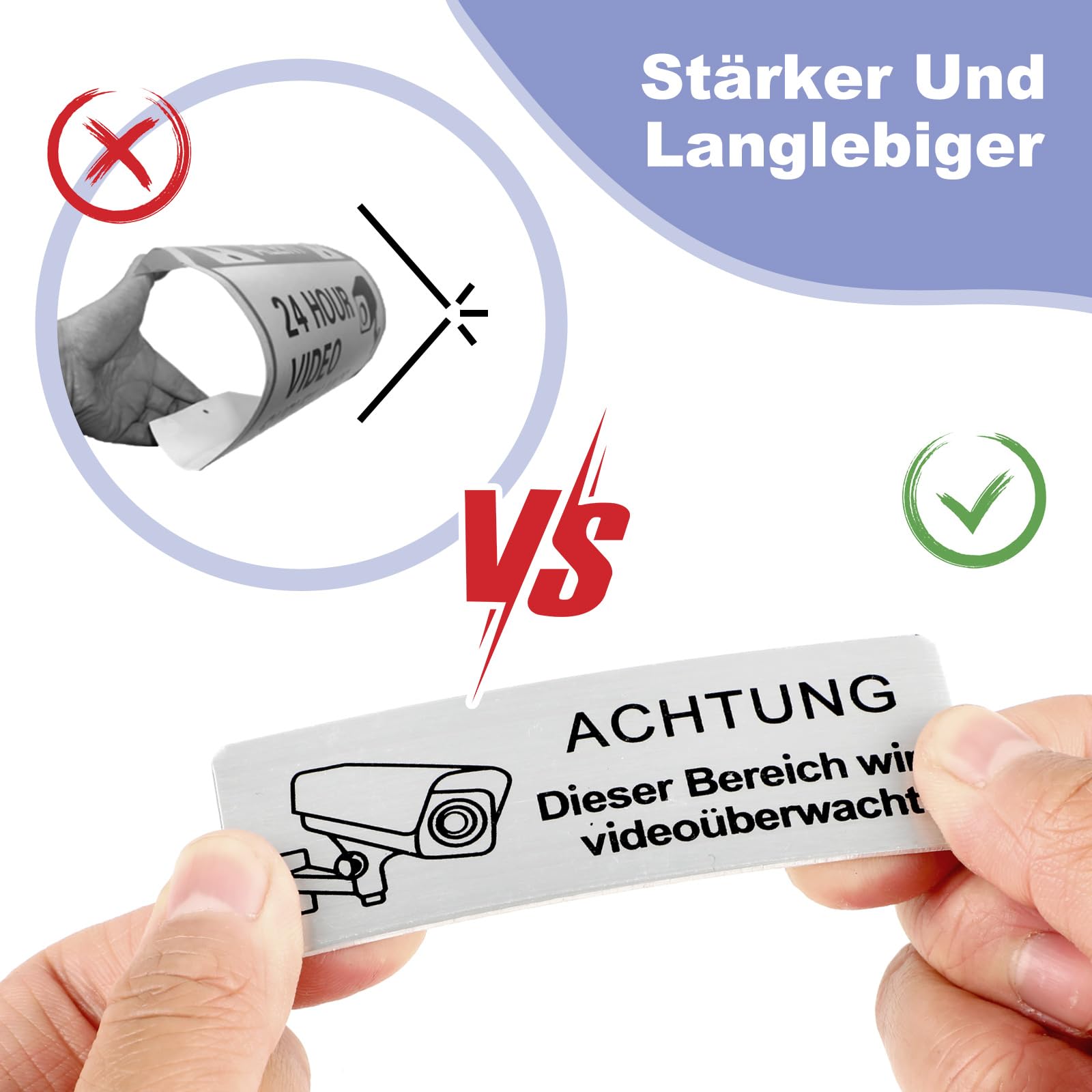 4er Set Achtung Videoüberwachung Schilder - Selbstklebend, Aluminium, 8,5x3 Cm, Für Innen & Außen