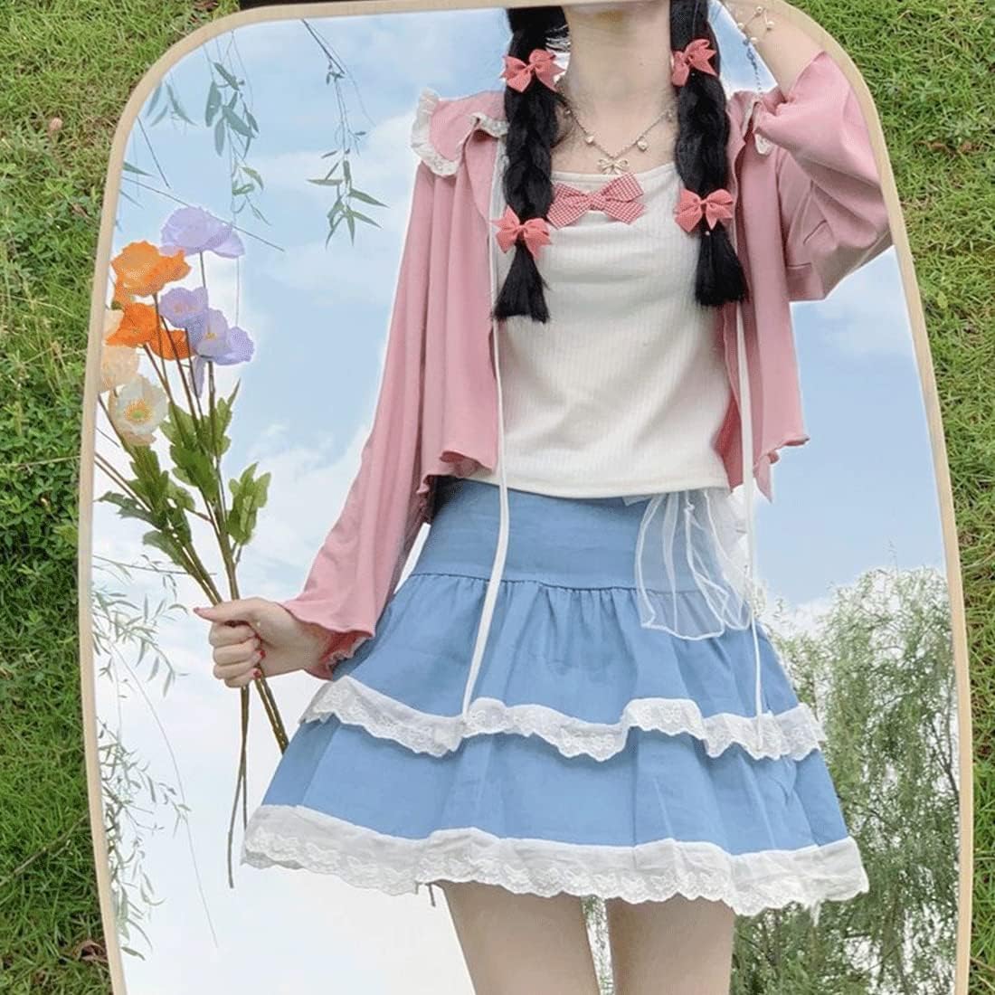 Harajuku Lolita Kawaii Style Goth Fashion Elastic Waist Vintage Ribbon Layered Lace Blue Pleated Short Skirt - Image 6