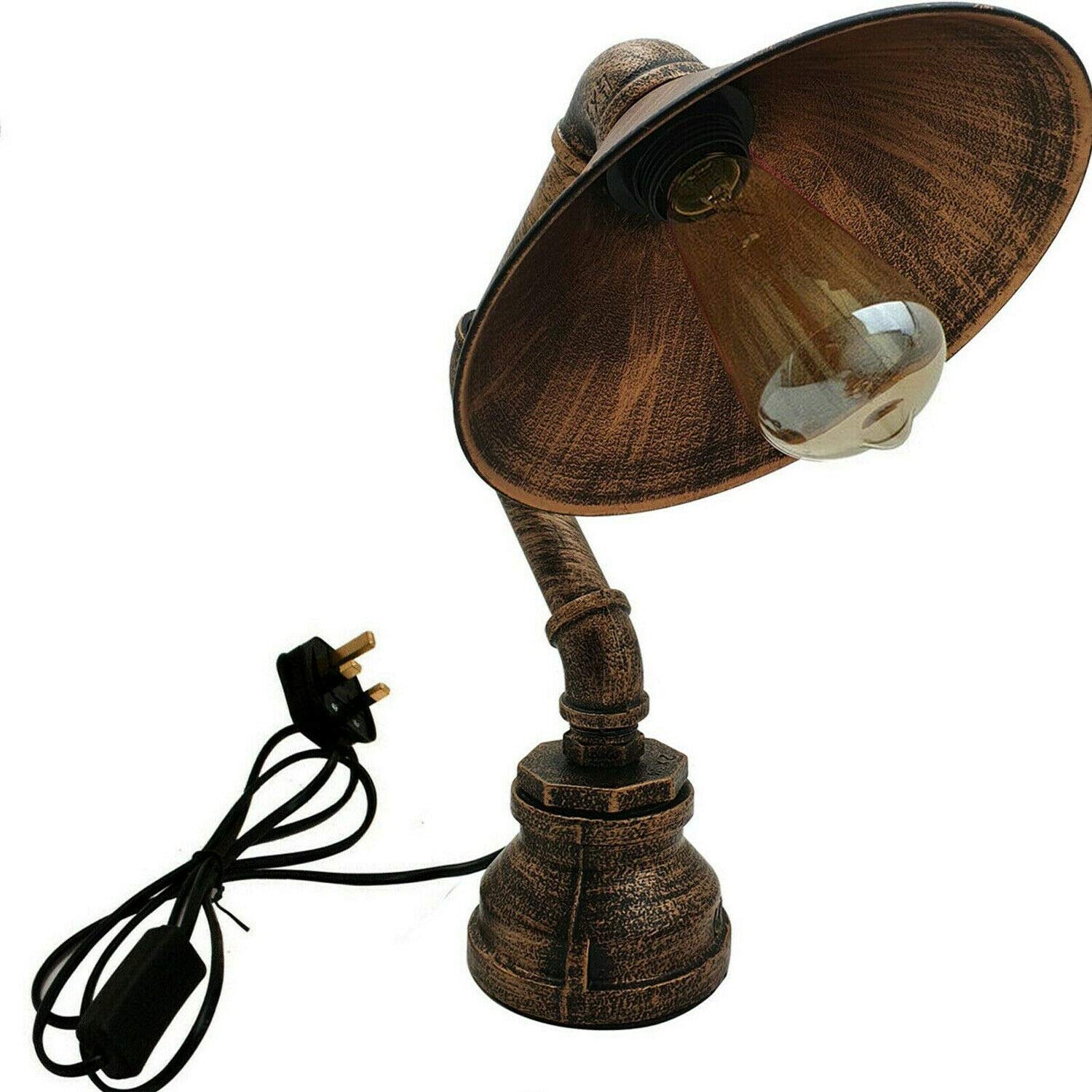 LEDSone Vintage Steampunk Night Stand Table Lamp Lighting Rustic Brushed Copper Water Pipe Bedside E27 Plug in Desk Lamp (with Bulb)