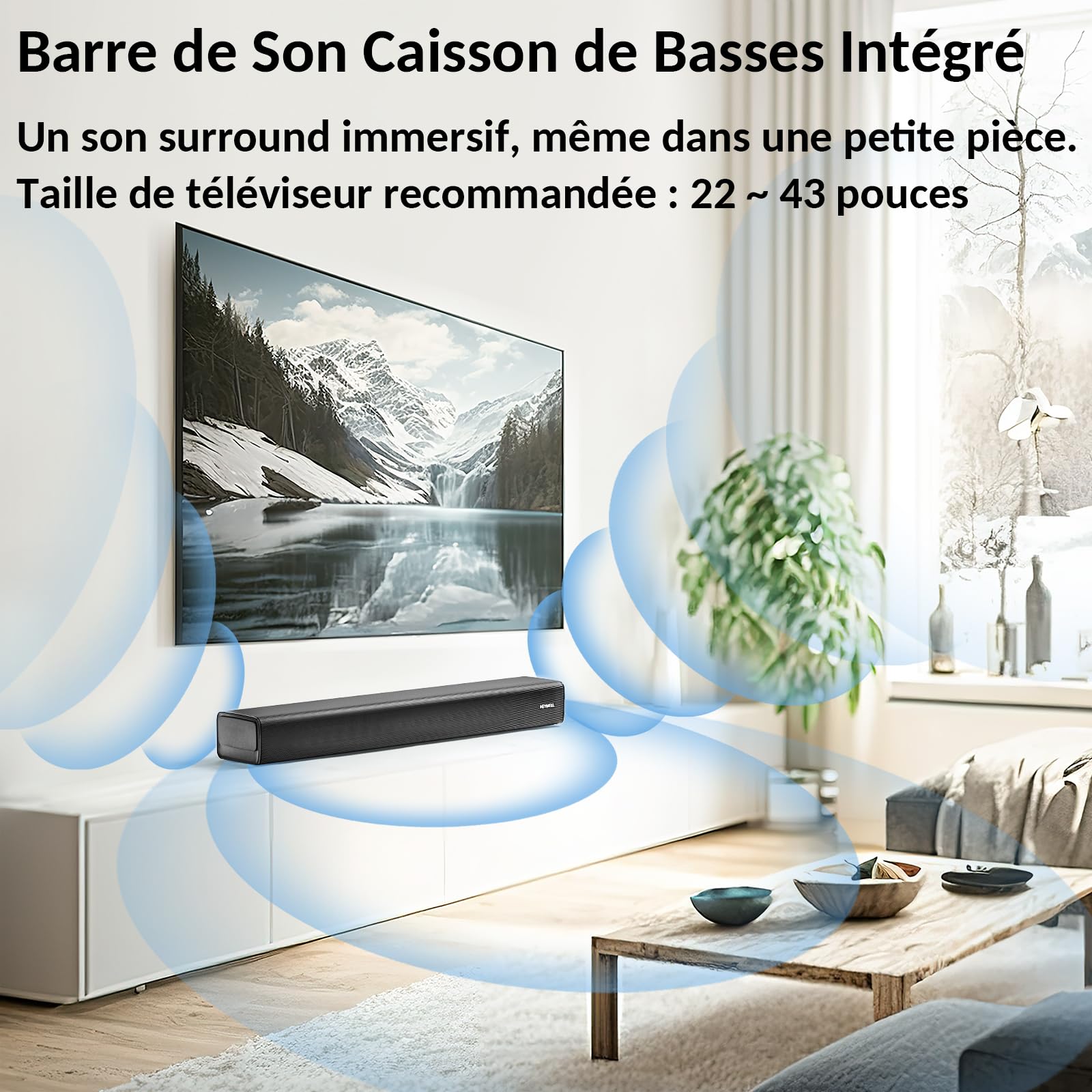 Barre de Son TV 120W 2.1ch Bluetooth 60cm HDMI Arc Caisson de Basse Mural