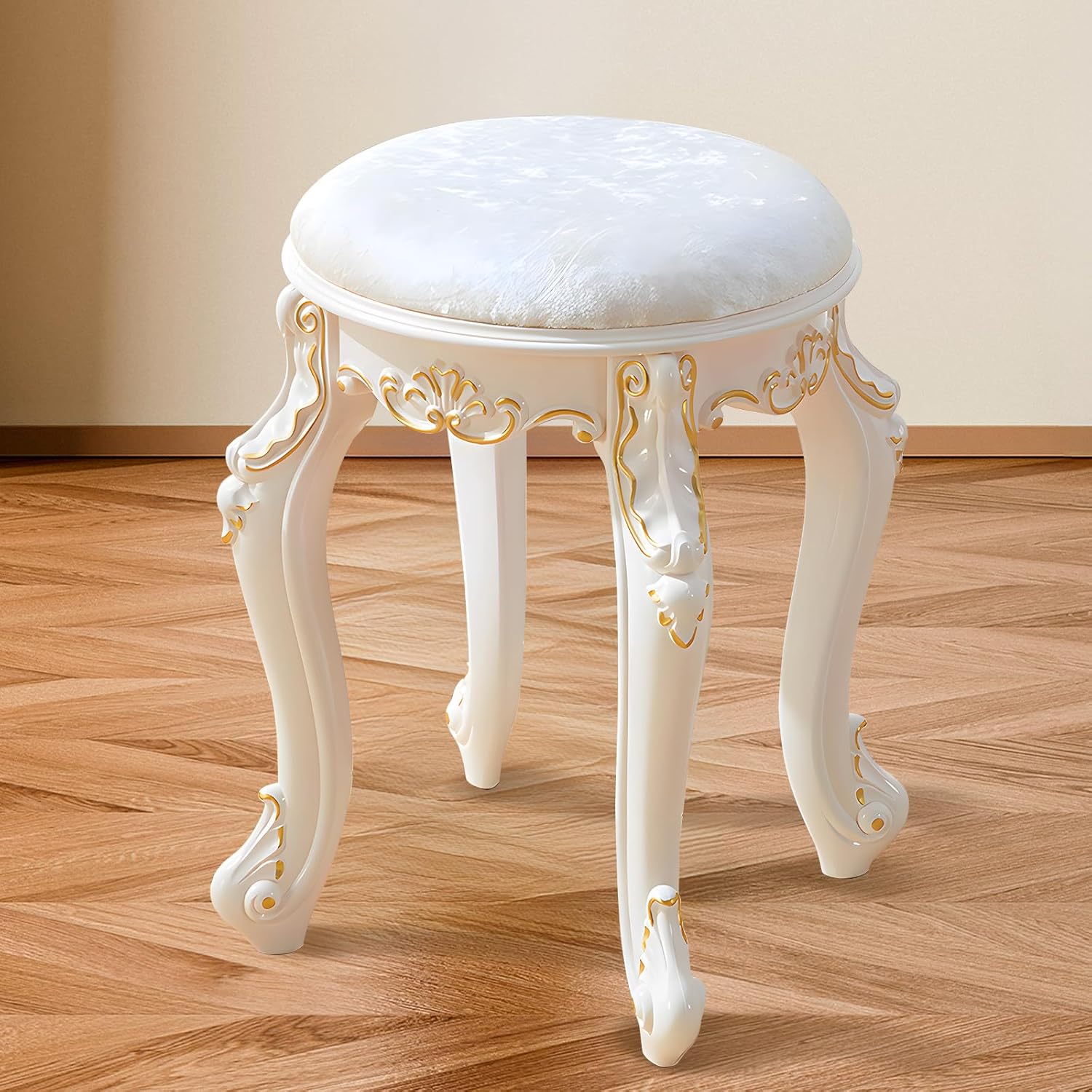 Vintage Vanity Victorian Chair, Round Leather Ottoman with Velvet Seat, Makeup Stool Cute Vanity Chair Bathroom Stool Chair, Sitting Height 17Inch, Capacity 280Lb,F