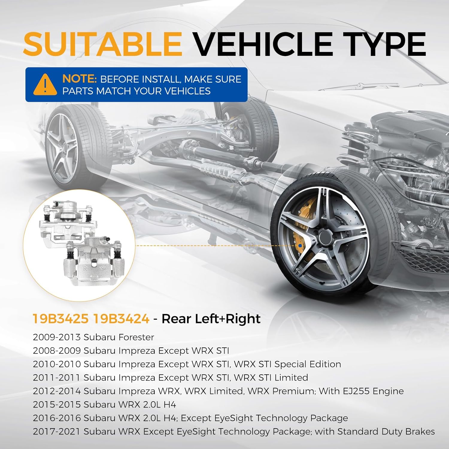 PAROD 19B3425 19B3424 Disc Brake Caliper With Bracket Fit for 2009-2013 Subaru Forester, 2008-2014 Impreza, 2015-2021 WRX Rear Left+Right