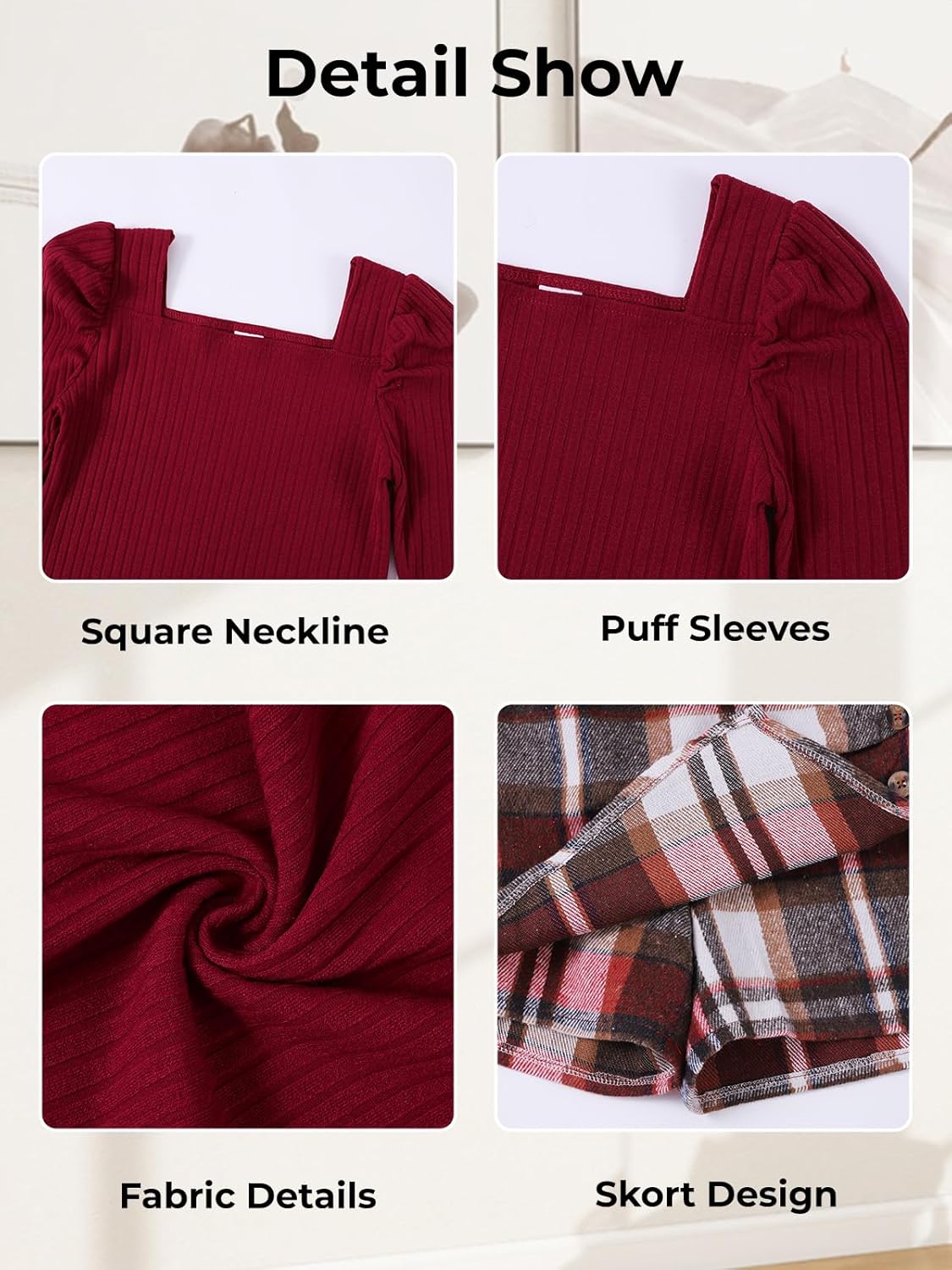 Girls Plaid Skirt Set A-Line Skort 2PCS Outfit Casual Square Neck Knit Puff Sleeve Shirt Top Fall Winter Clothes 7-14Y - Image 4